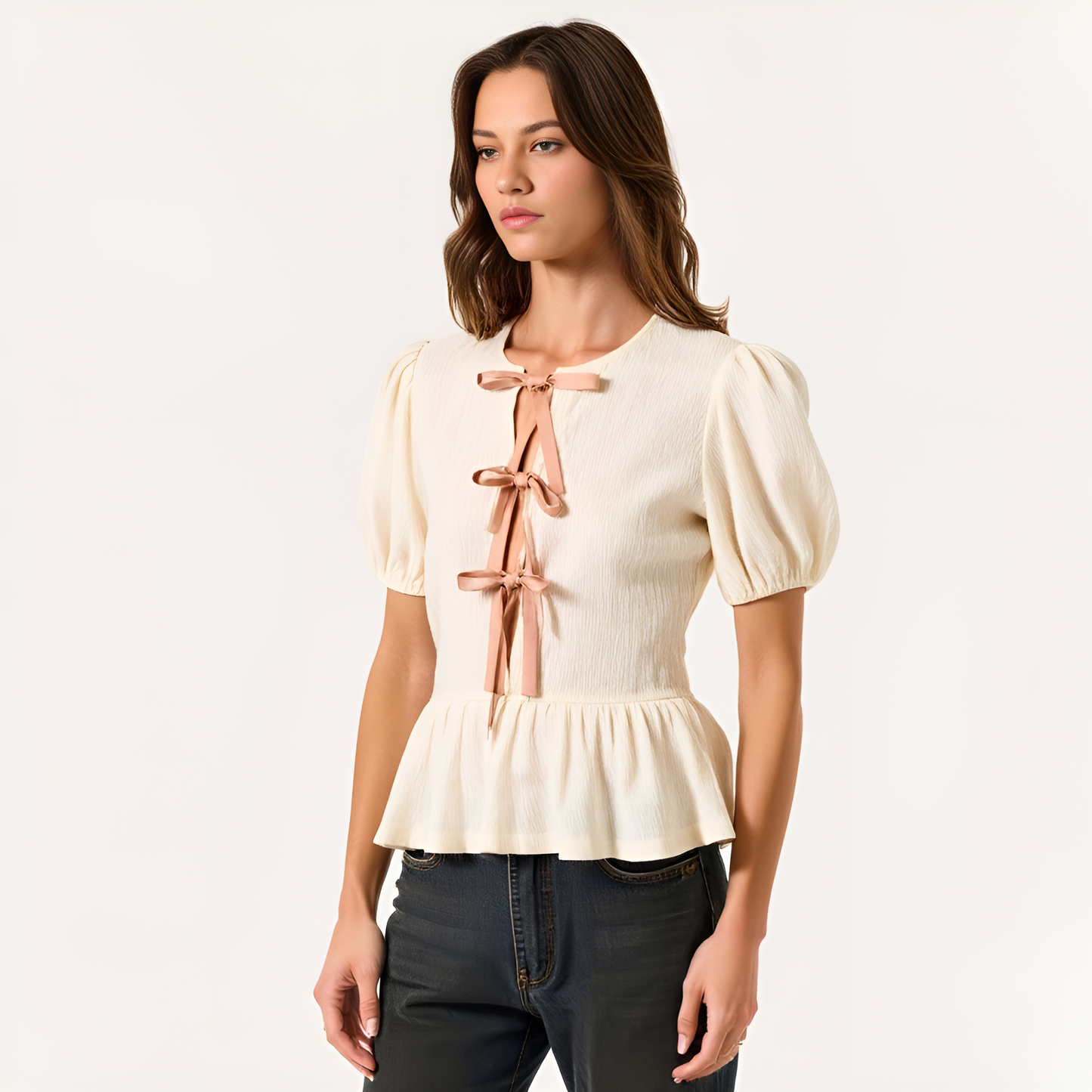 Puff-Sleeve Peplum Blouse with Bow-Tie Front Detail