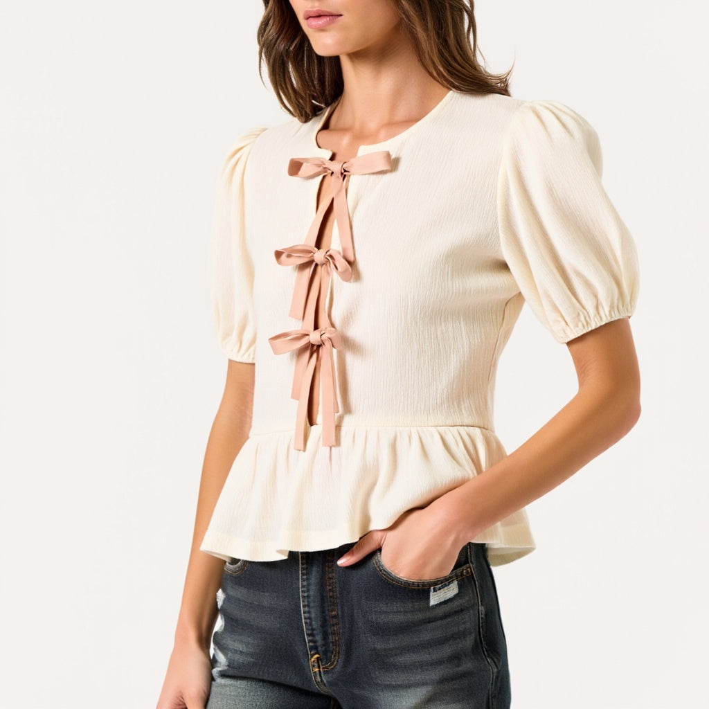 Puff-Sleeve Peplum Blouse with Bow-Tie Front Detail