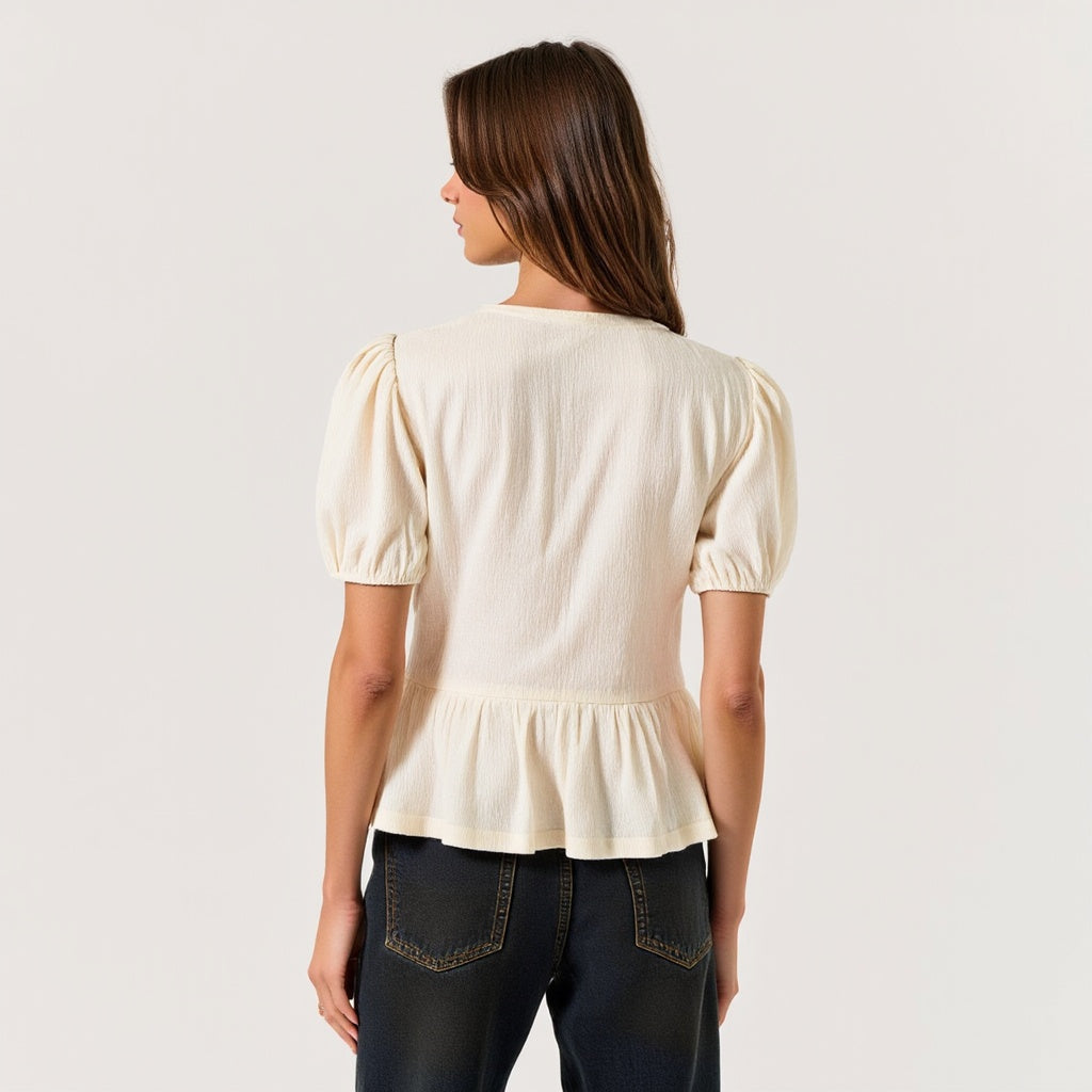 Puff-Sleeve Peplum Blouse with Bow-Tie Front Detail