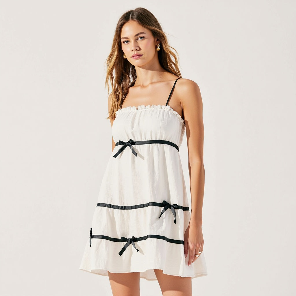 Spaghetti Strap Mini Dress with Ruffled Trim and Bow Accents