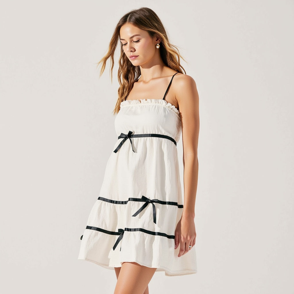 Spaghetti Strap Mini Dress with Ruffled Trim and Bow Accents