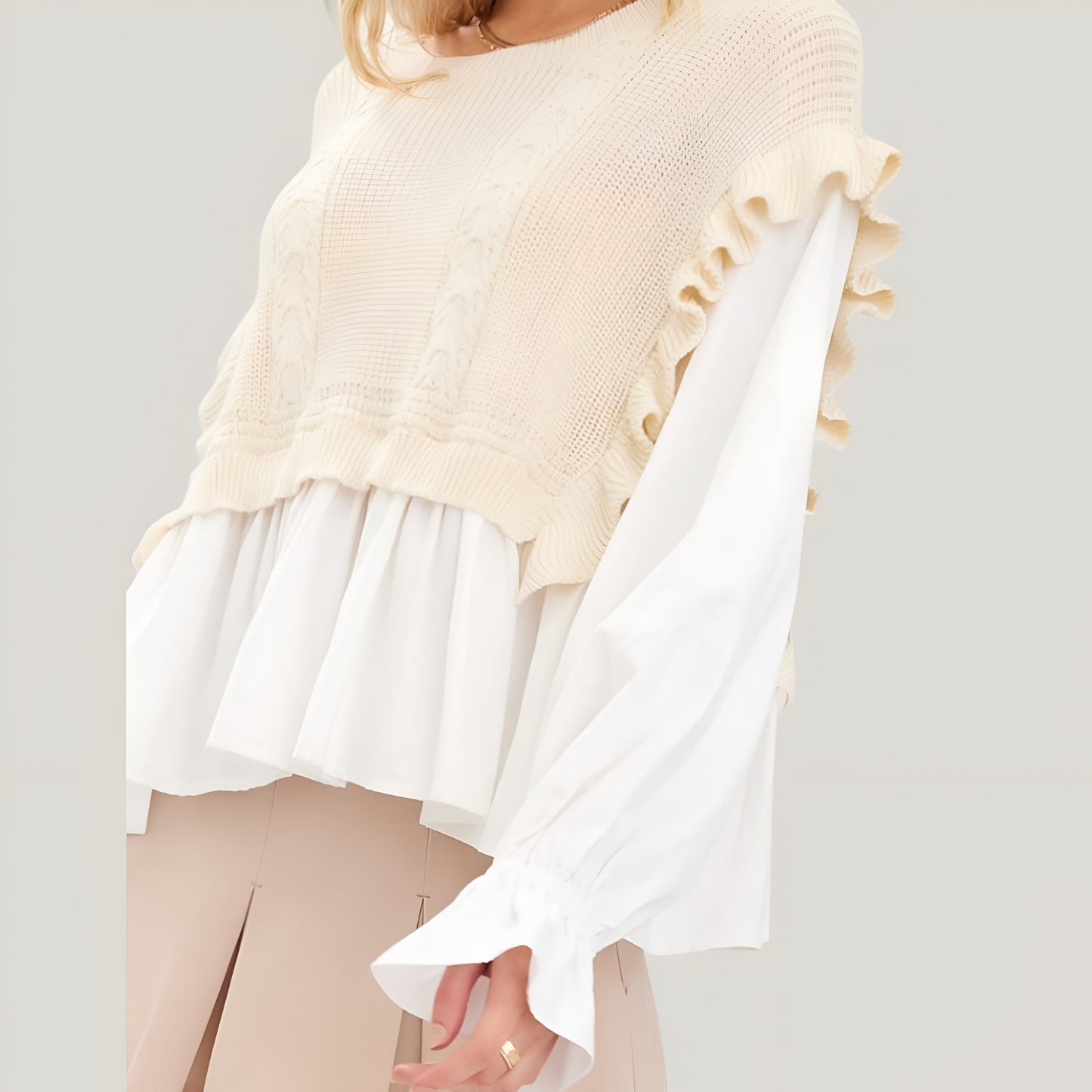 Knitted Vest Blouse with Scoop Neckline, Long Sleeves and Ruffle Detail