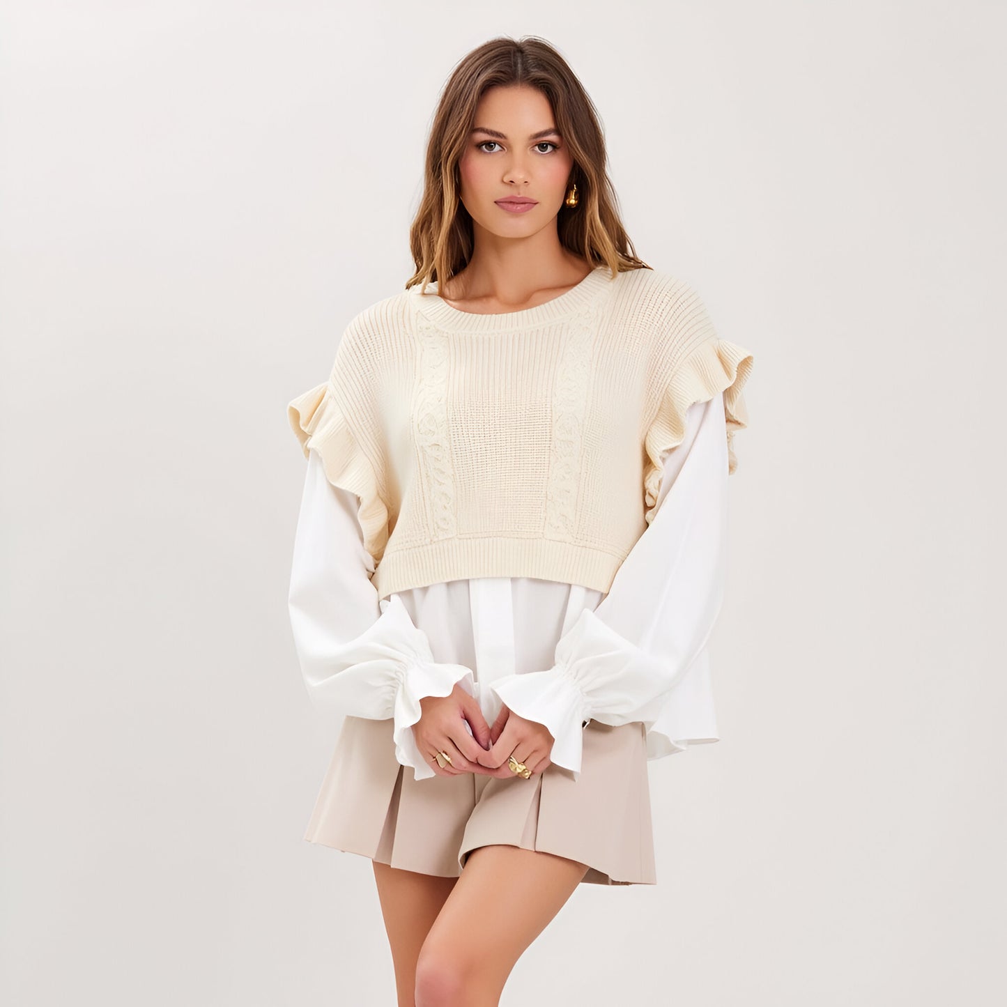 Knitted Vest Blouse with Scoop Neckline, Long Sleeves and Ruffle Detail