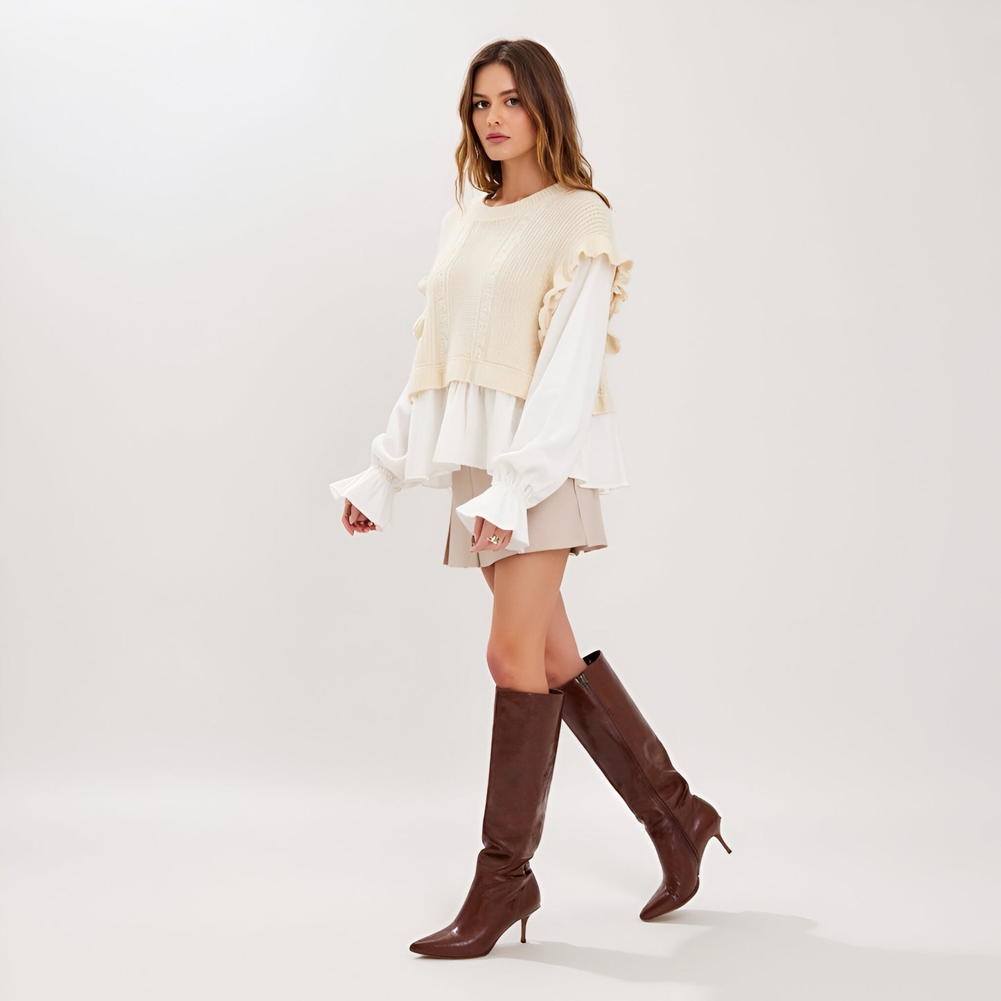 Knitted Vest Blouse with Scoop Neckline, Long Sleeves and Ruffle Detail