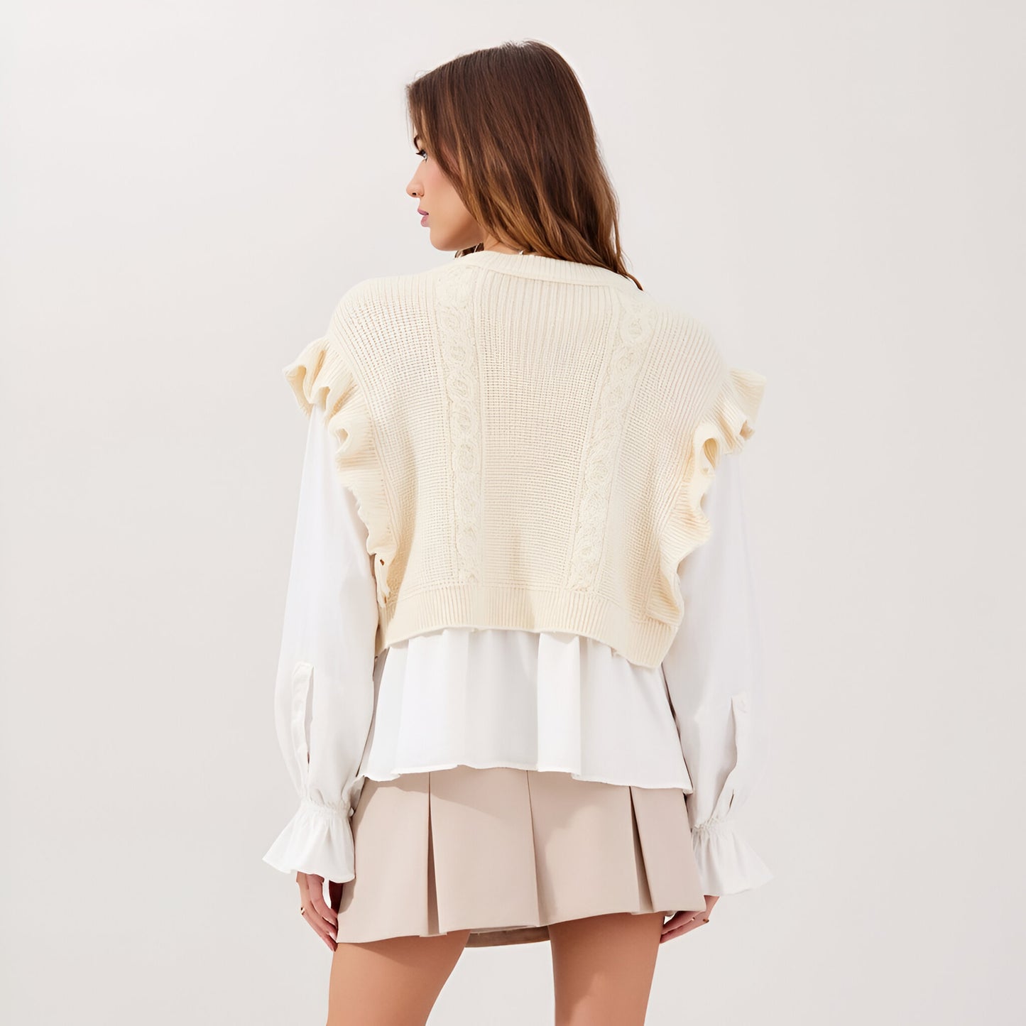 Knitted Vest Blouse with Scoop Neckline, Long Sleeves and Ruffle Detail