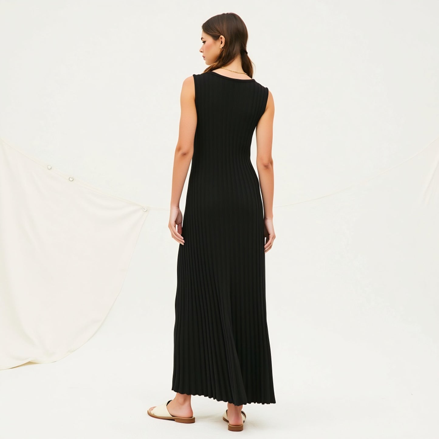 Sleeveless Ribbed Knit Scoop Neck Maxi Dress with Pleated Skirt