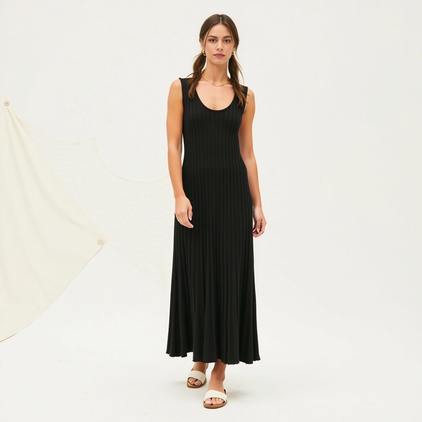 Sleeveless Ribbed Knit Scoop Neck Maxi Dress with Pleated Skirt