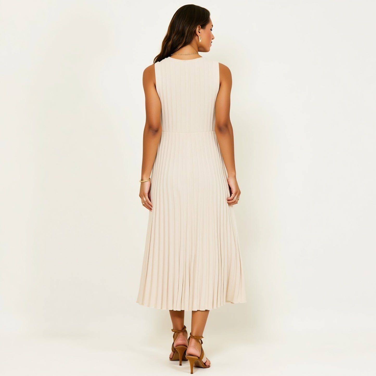 Sleeveless Ribbed Knit Midi Dress with Flowy Pleated Hem