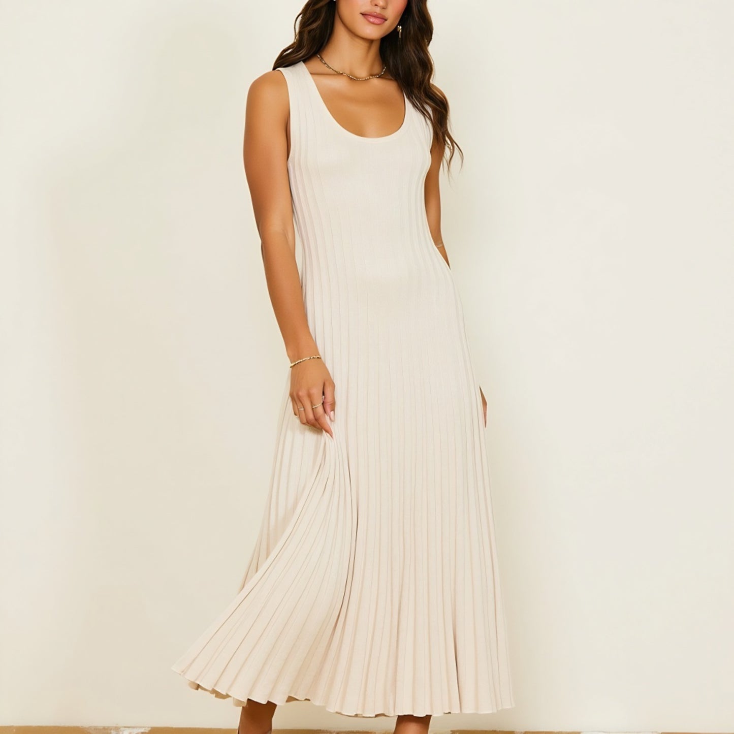 Sleeveless Ribbed Knit Midi Dress with Flowy Pleated Hem