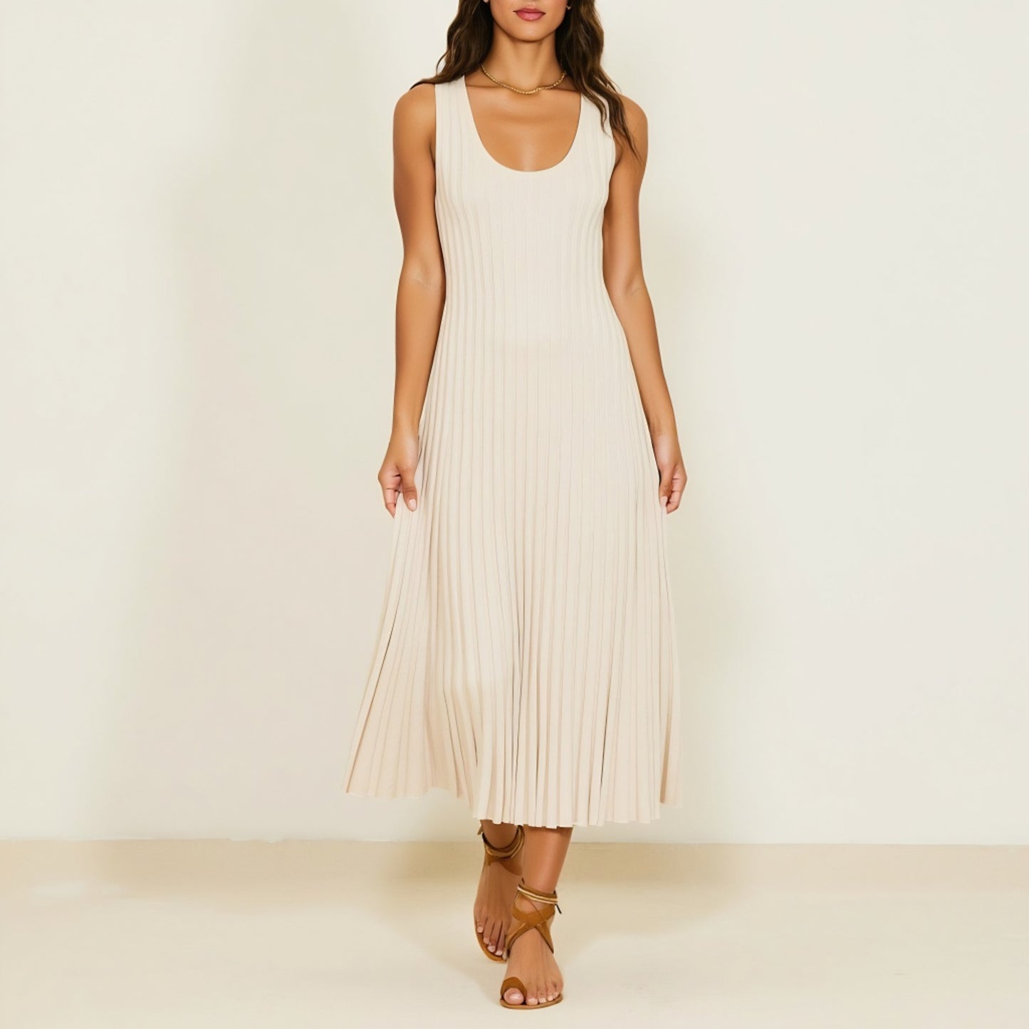 Sleeveless Ribbed Knit Midi Dress with Flowy Pleated Hem