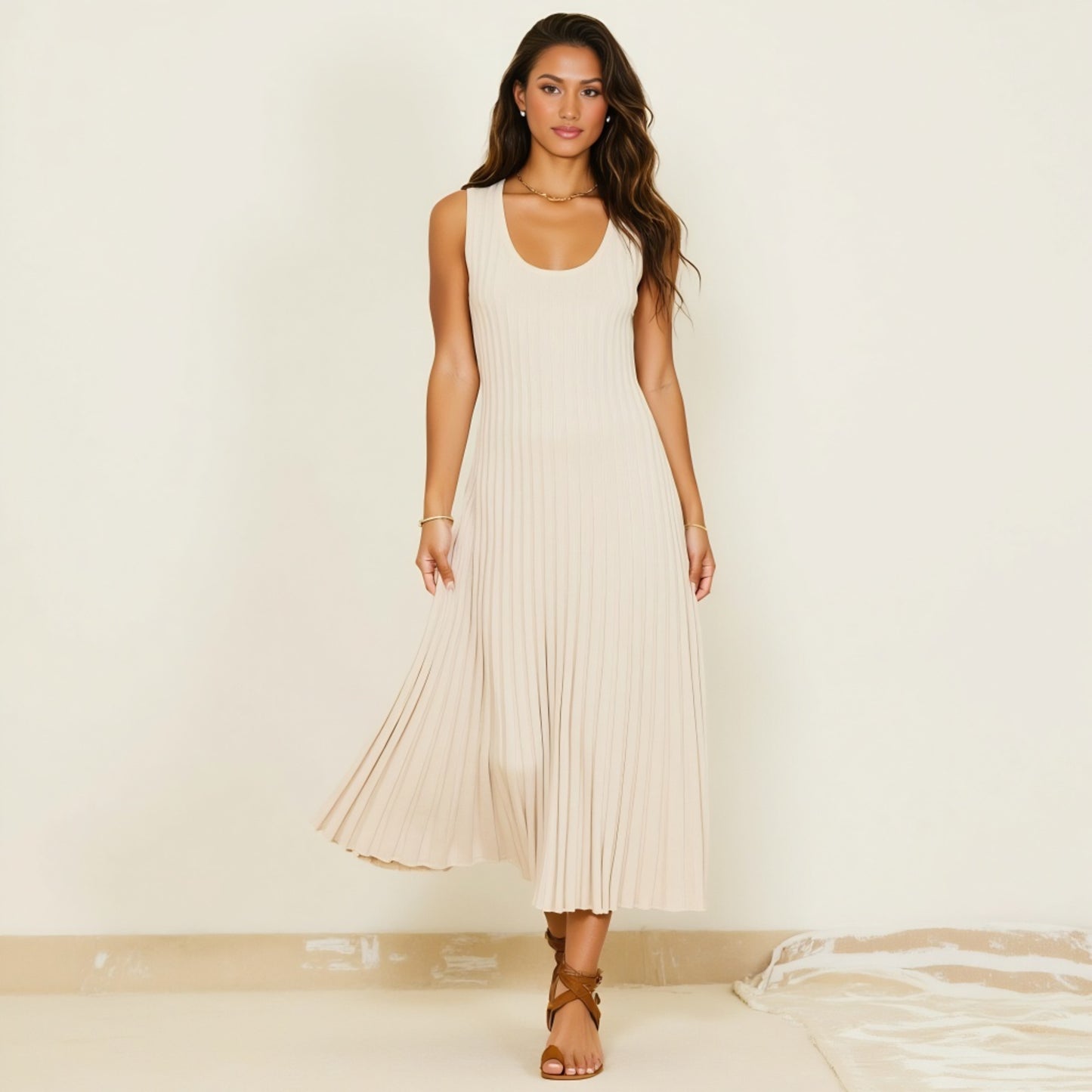 Sleeveless Ribbed Knit Midi Dress with Flowy Pleated Hem