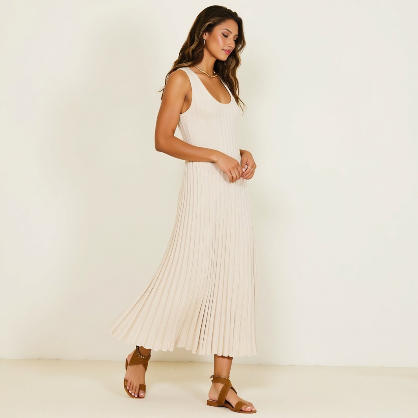 Sleeveless Ribbed Knit Midi Dress with Flowy Pleated Hem