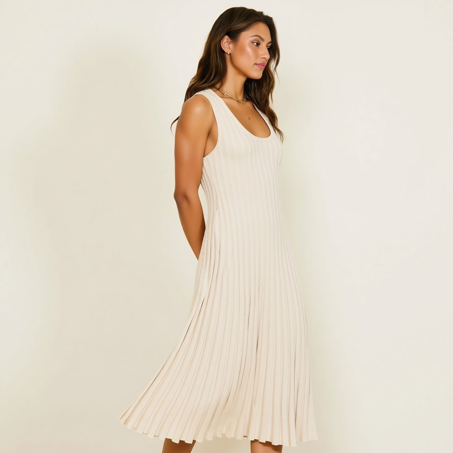 Sleeveless Ribbed Knit Midi Dress with Flowy Pleated Hem