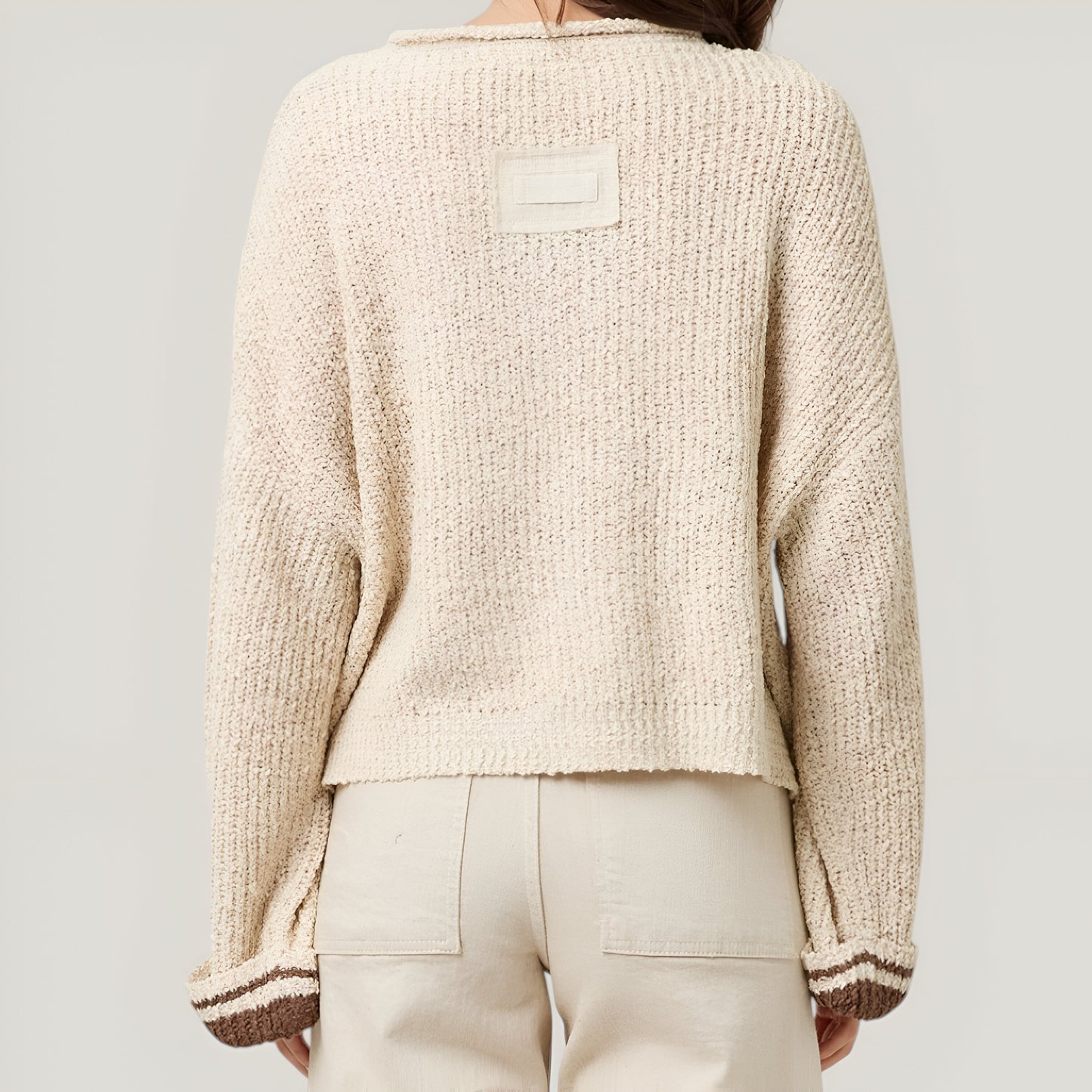 Loose Fit Slouchy Cropped Knit Sweater with Solid Patch Front and Back