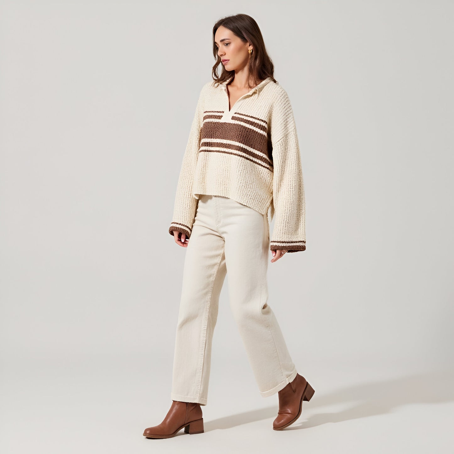 Loose Fit Slouchy Cropped Knit Sweater with Solid Patch Front and Back