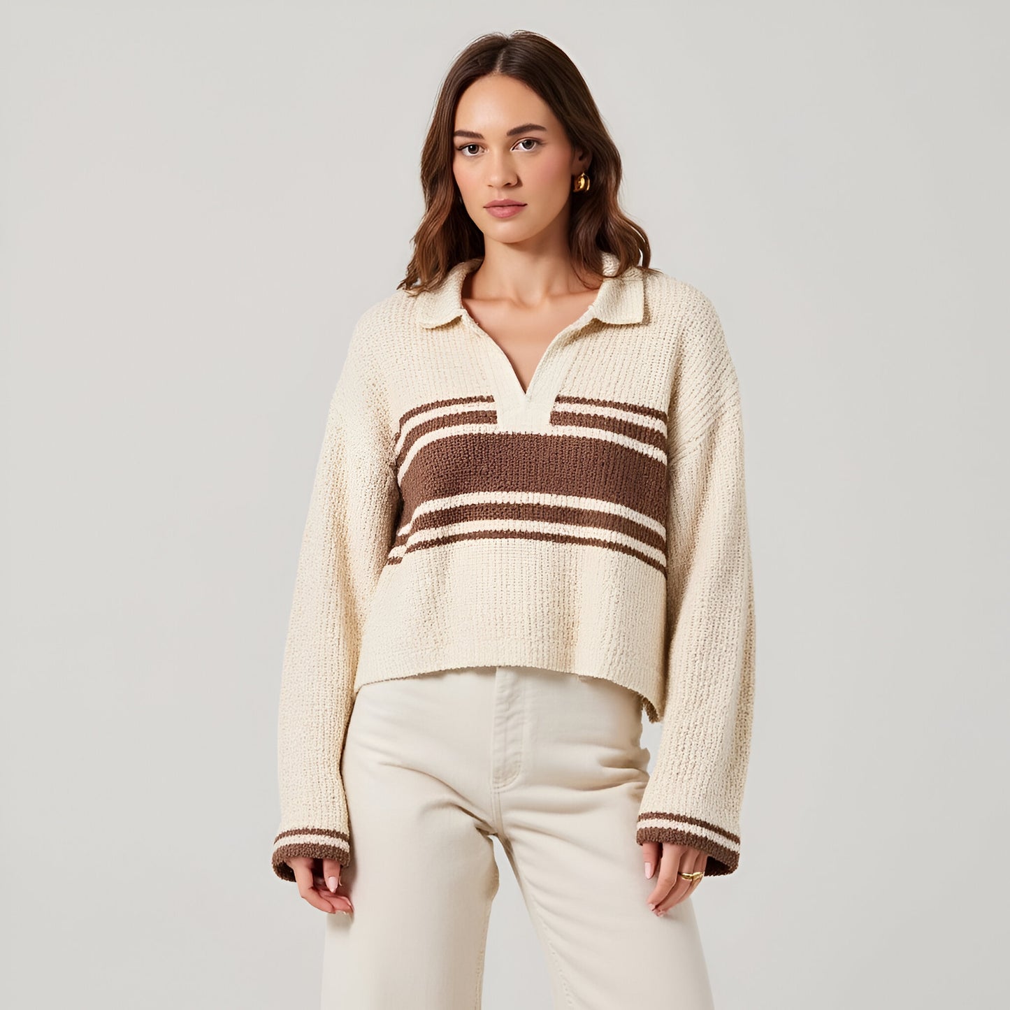 Loose Fit Slouchy Cropped Knit Sweater with Solid Patch Front and Back