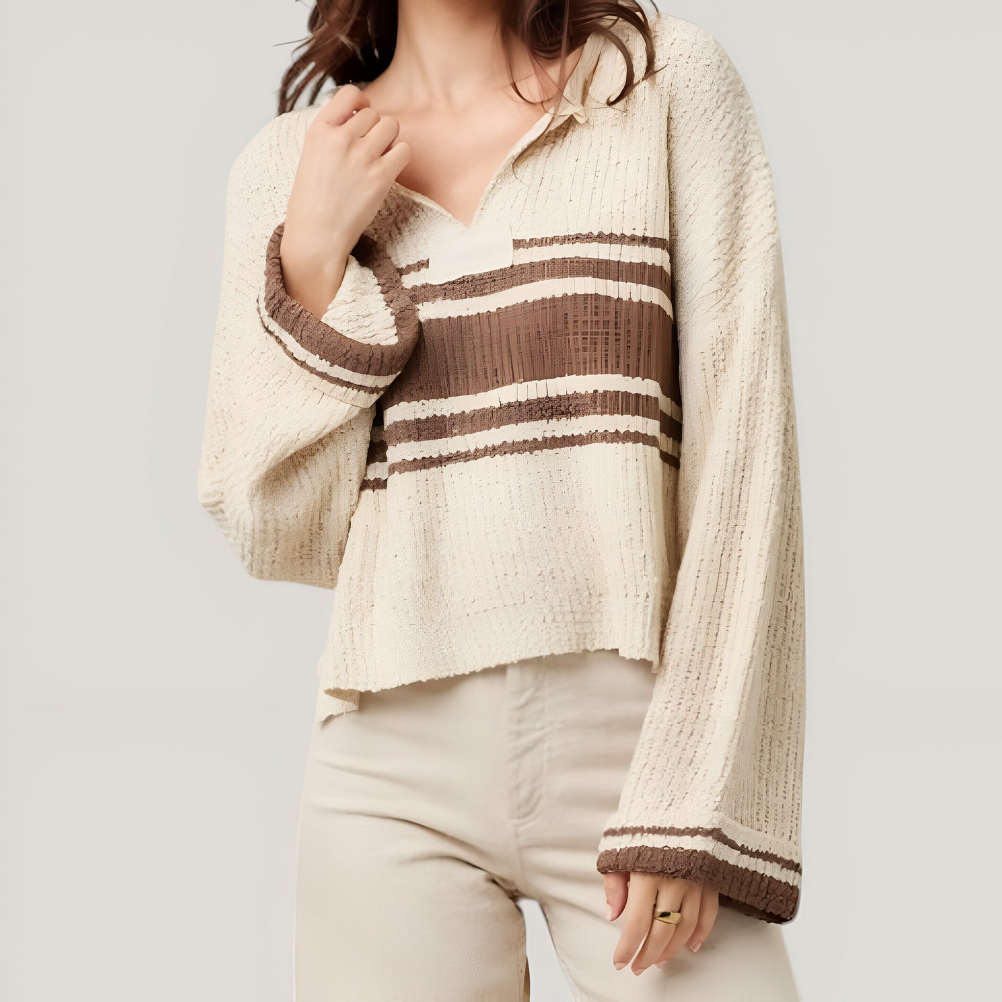Loose Fit Slouchy Cropped Knit Sweater with Solid Patch Front and Back