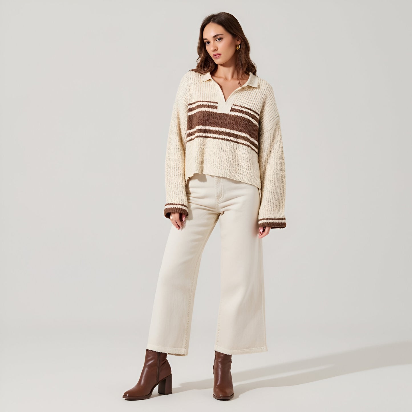 Loose Fit Slouchy Cropped Knit Sweater with Solid Patch Front and Back