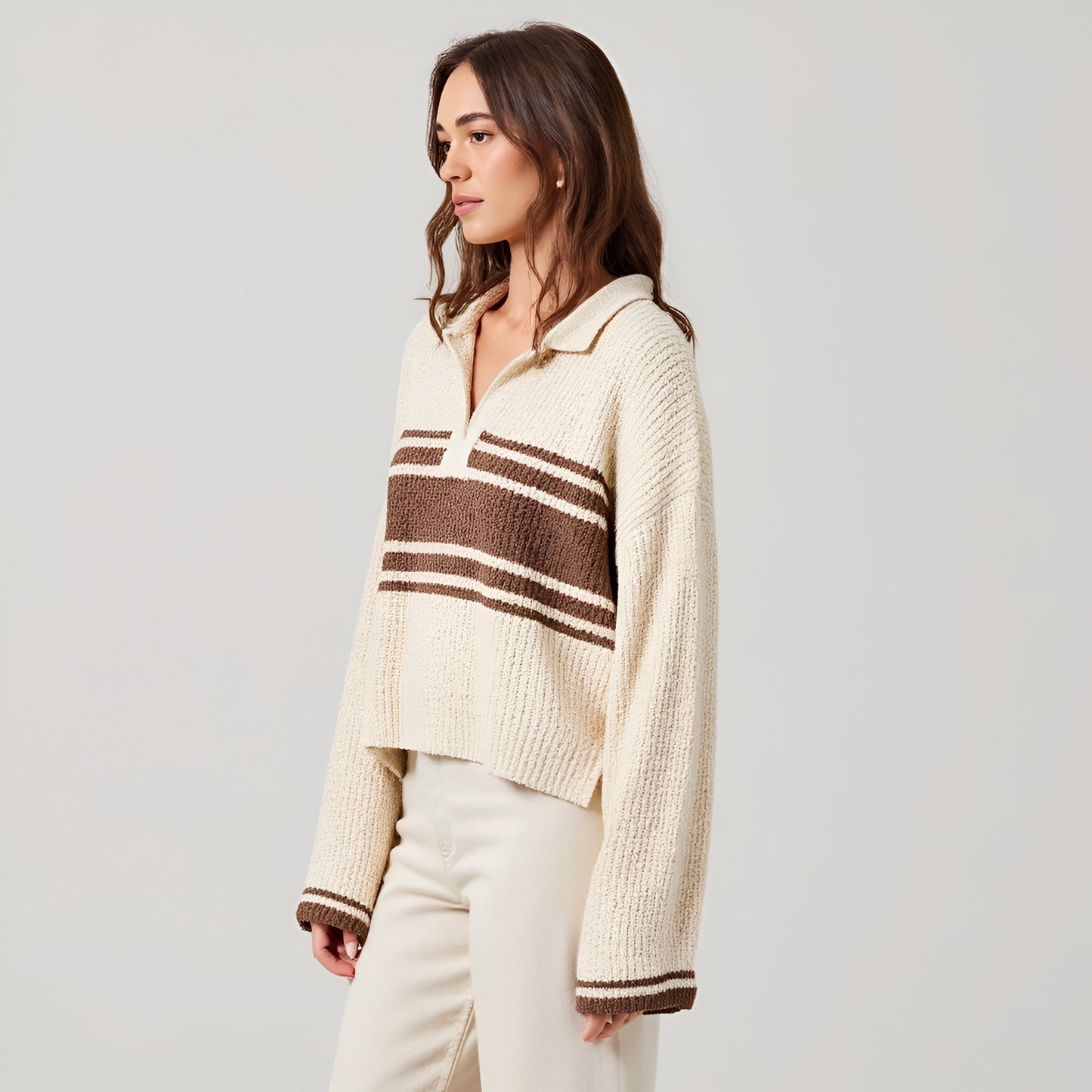 Loose Fit Slouchy Cropped Knit Sweater with Solid Patch Front and Back