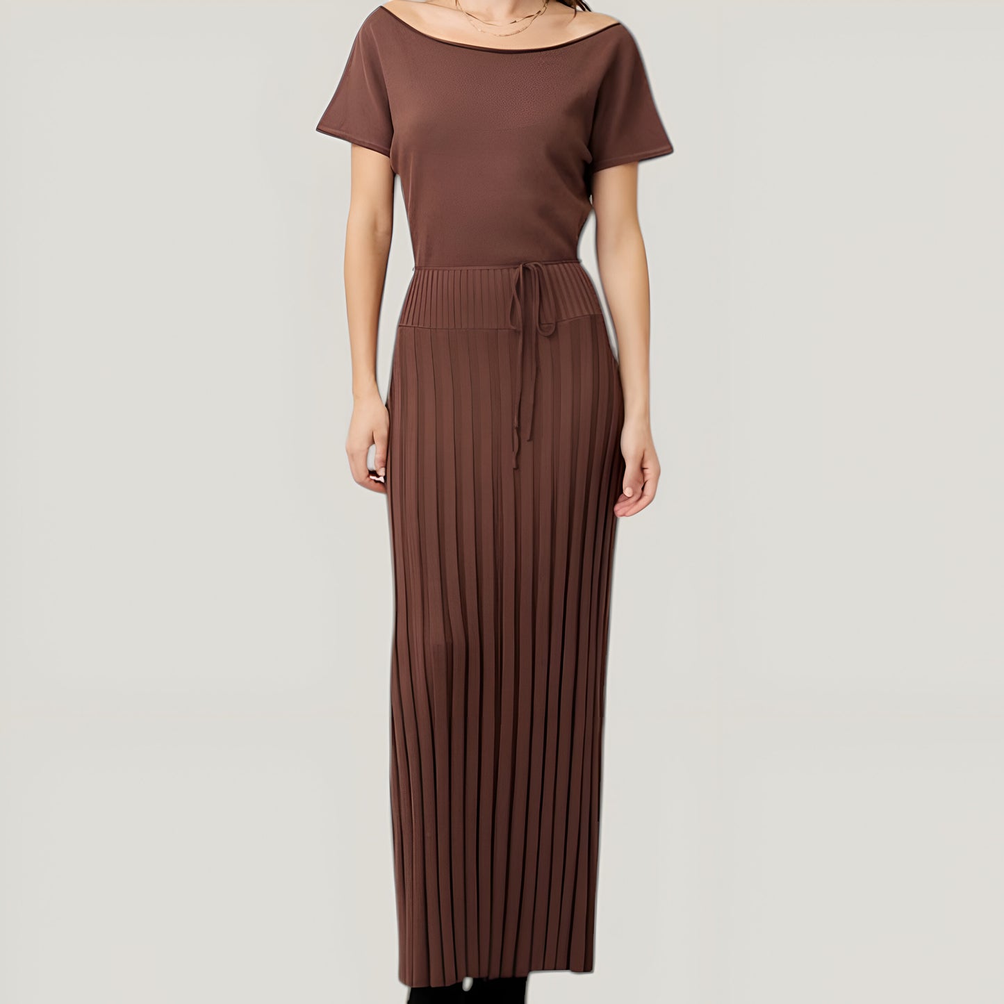 Knit Pleated Maxi Dress with Round Neckline, Short Sleeves and Belt Tie