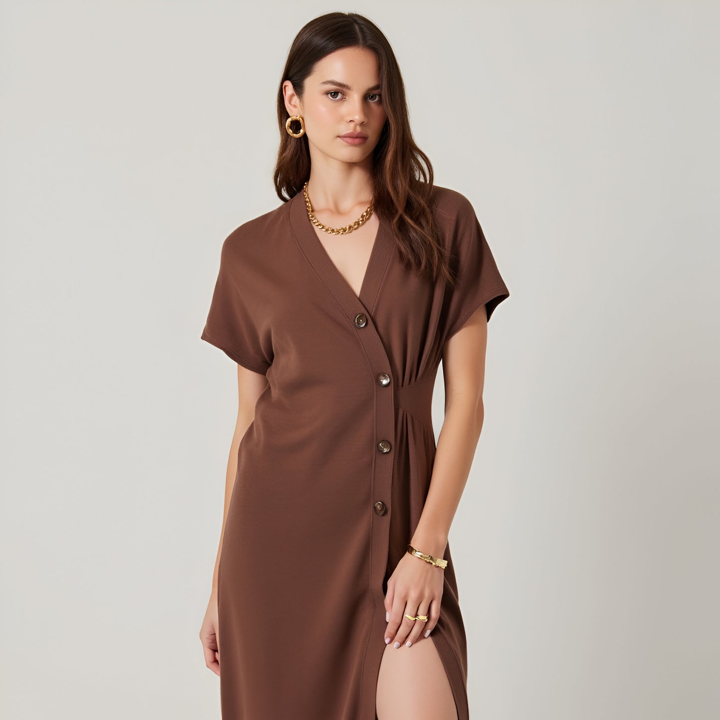 Knit Midi Cardigan with V-Neckline, Short Sleeves, Button Front and Adjustable Belt Loop