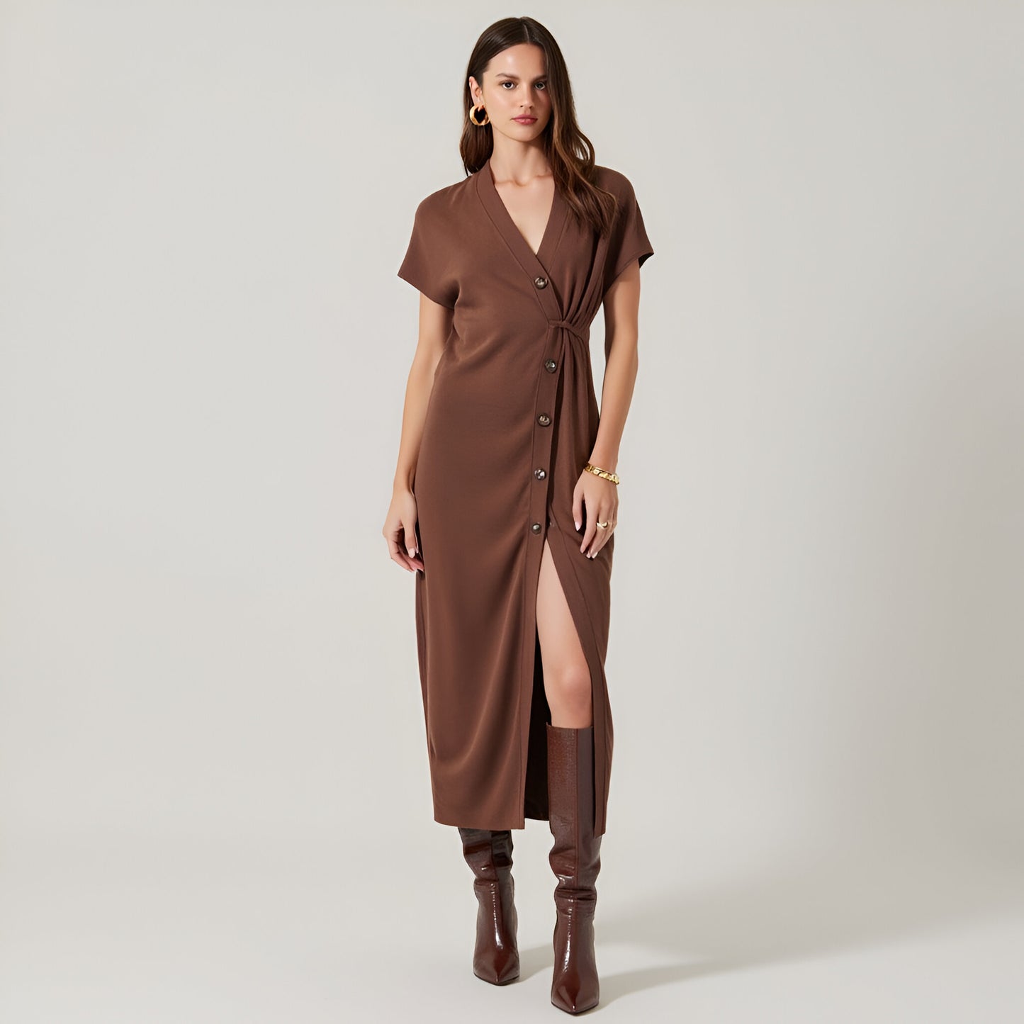 Knit Midi Cardigan with V-Neckline, Short Sleeves, Button Front and Adjustable Belt Loop