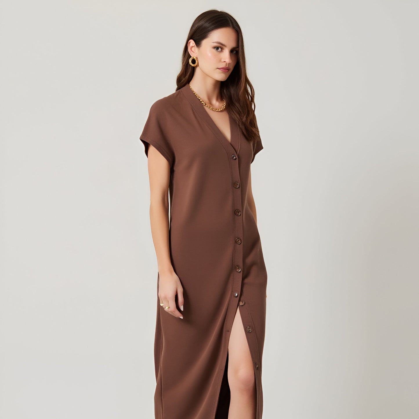 Knit Midi Cardigan with V-Neckline, Short Sleeves, Button Front and Adjustable Belt Loop