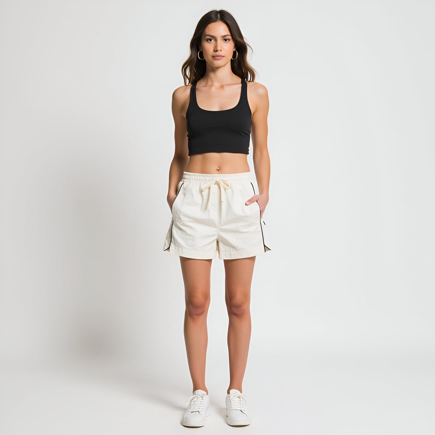 Drawstring Waist Relaxed Shorts with Side Piping and Pockets