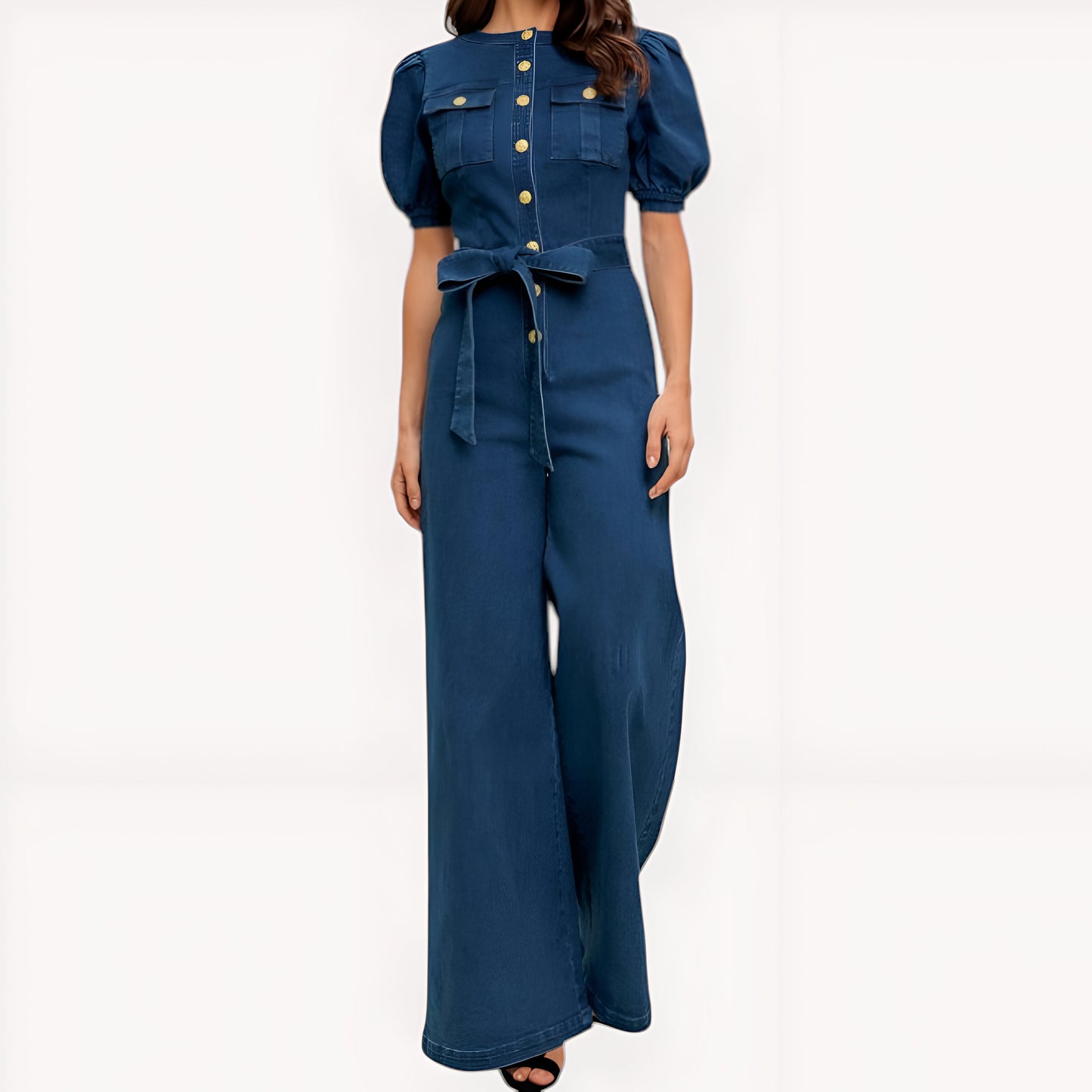 Denim Puff Sleeve Jumpsuit with Button Front and Tie Waist