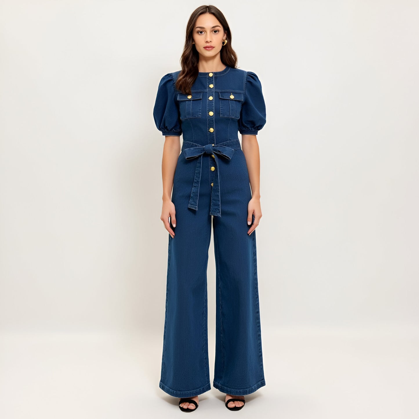 Denim Puff Sleeve Jumpsuit with Button Front and Tie Waist