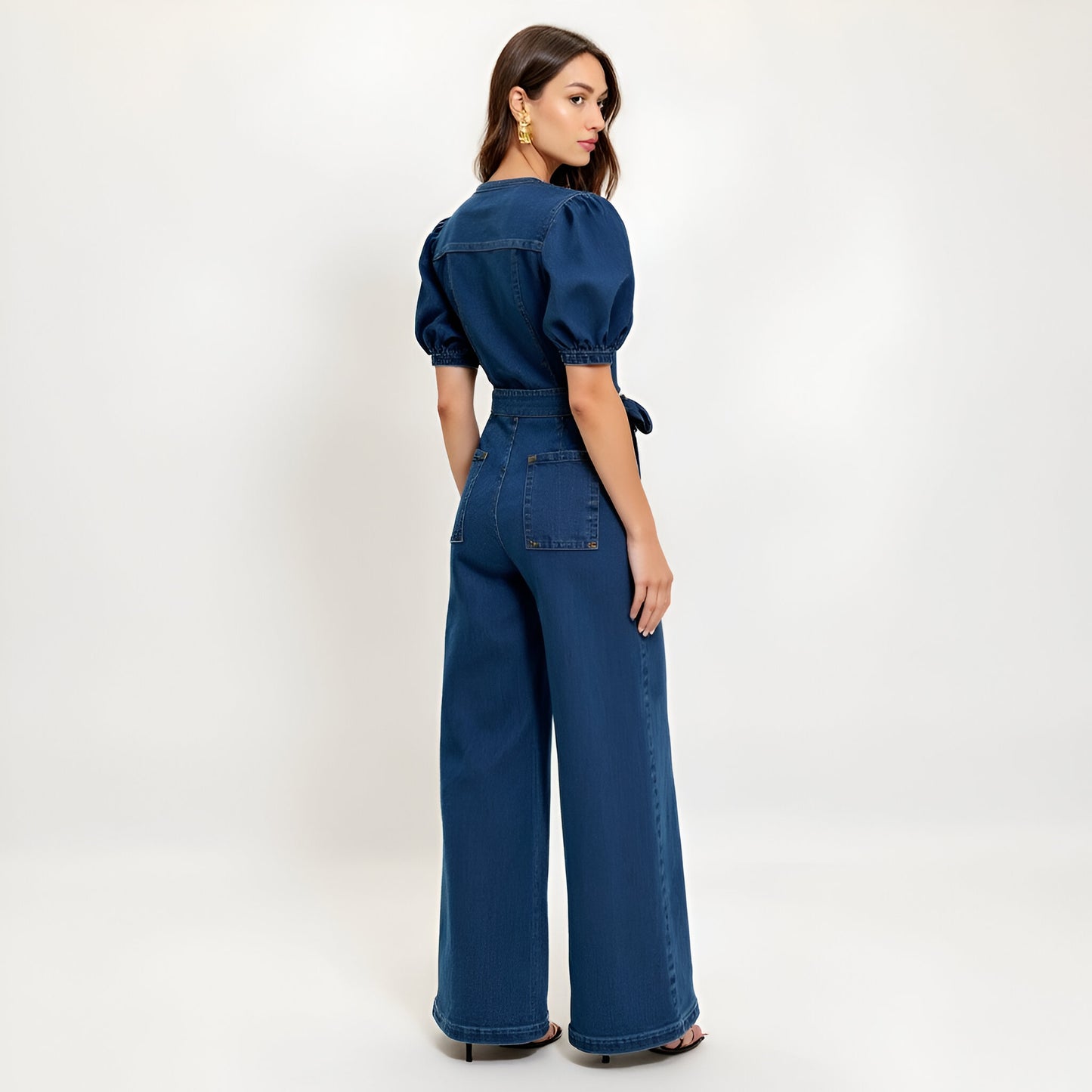 Denim Puff Sleeve Jumpsuit with Button Front and Tie Waist