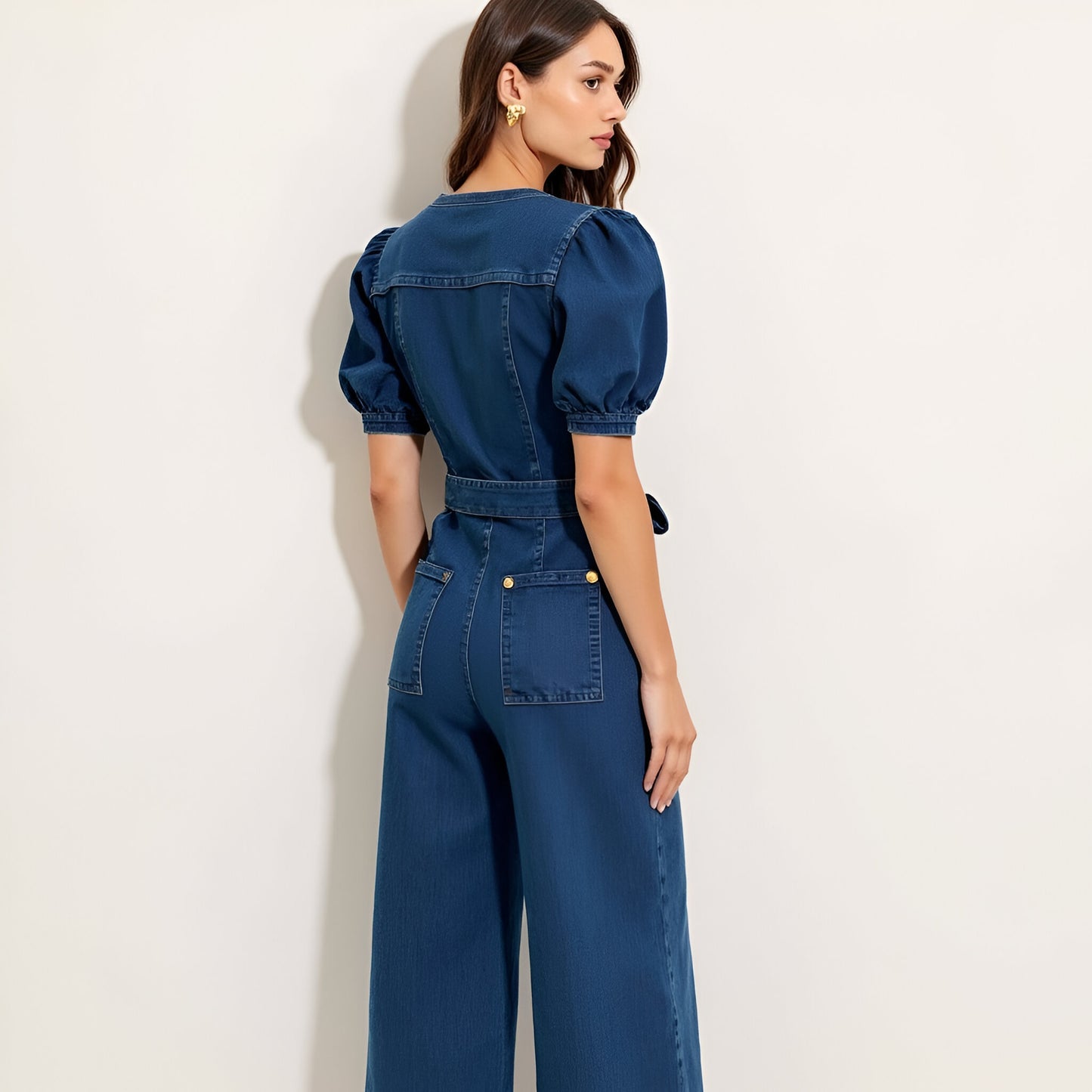 Denim Puff Sleeve Jumpsuit with Button Front and Tie Waist