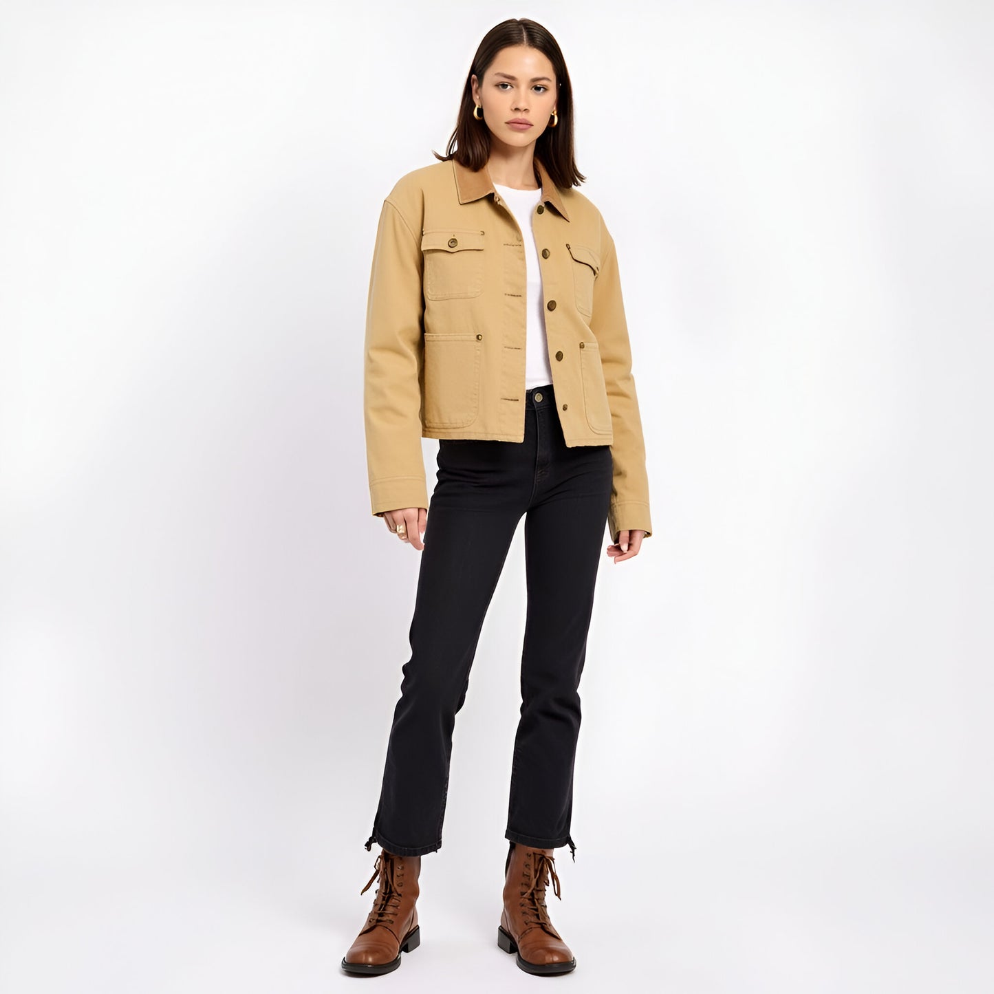 Utility Jacket with Corduroy Collar and Front Patch Pockets