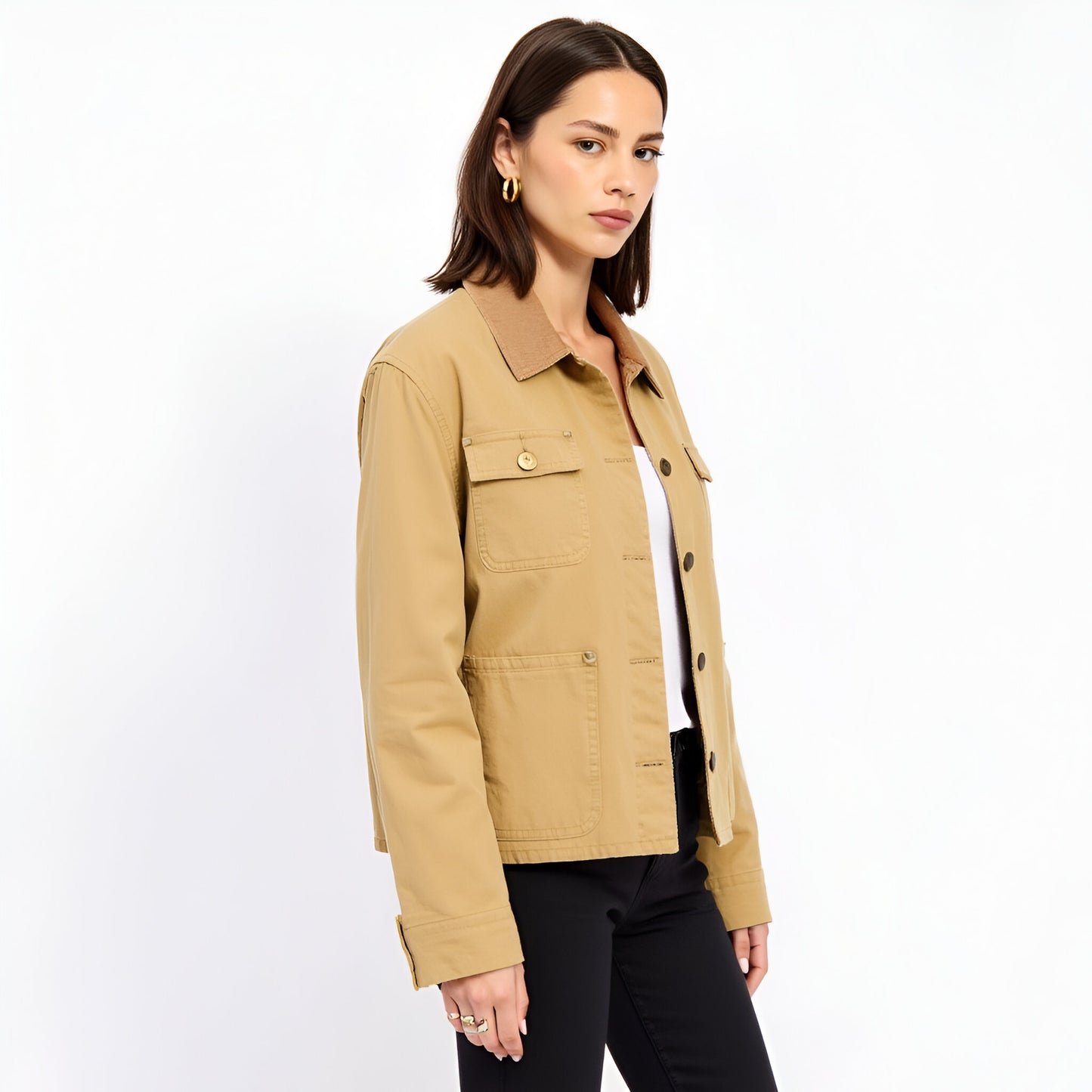 Utility Jacket with Corduroy Collar and Front Patch Pockets