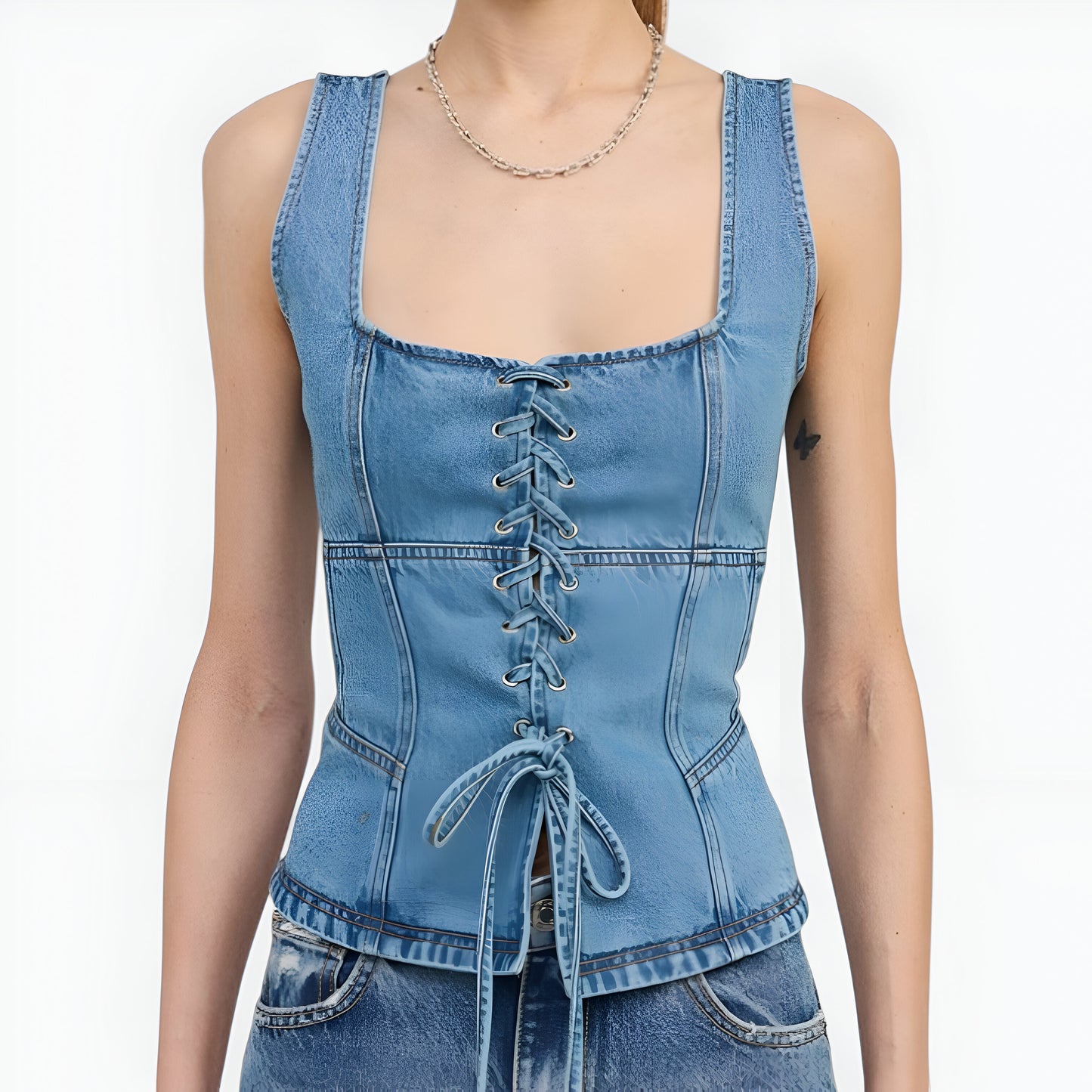 Denim Corset Tank Top with Lace-Up Front and Peplum Hem