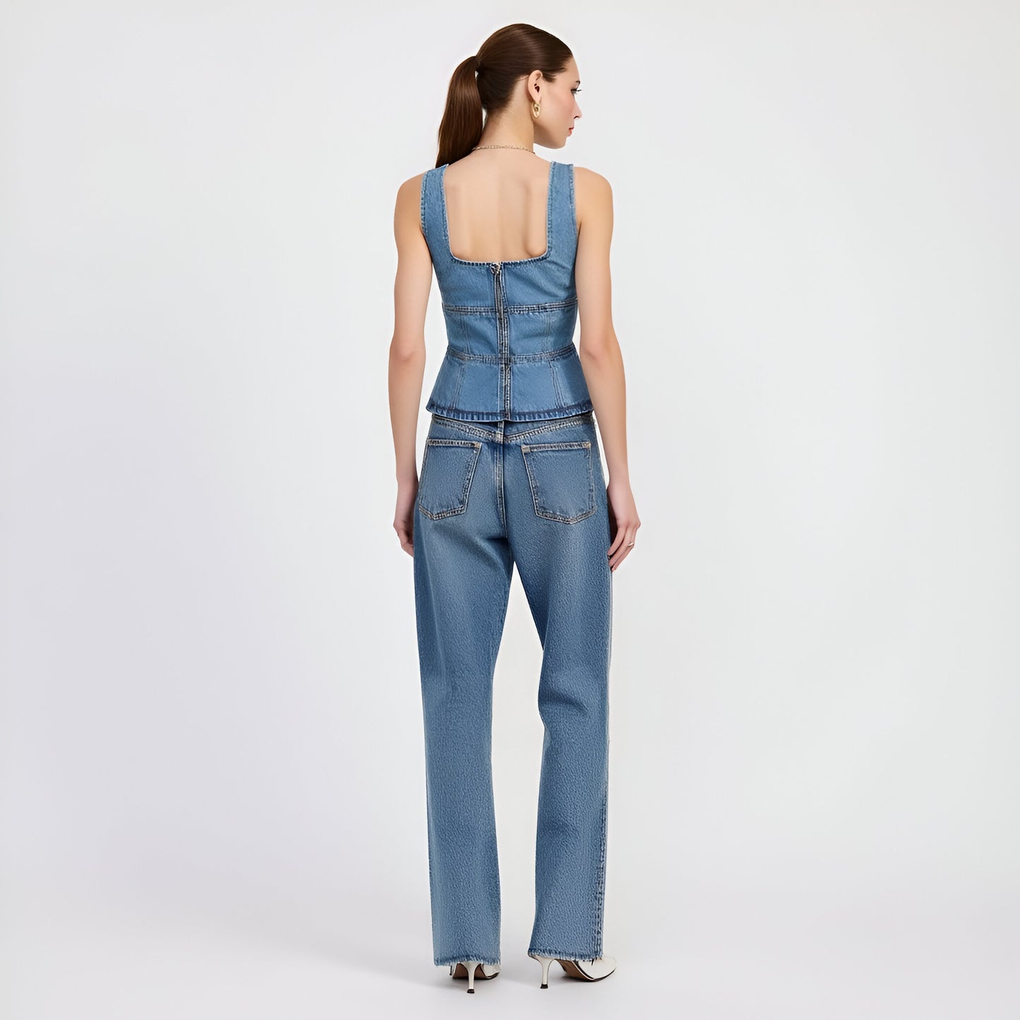 Denim Corset Tank Top with Lace-Up Front and Peplum Hem
