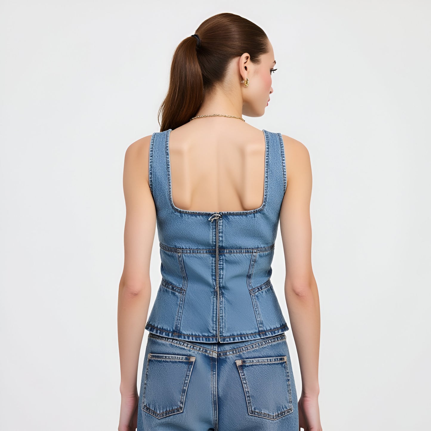 Denim Corset Tank Top with Lace-Up Front and Peplum Hem