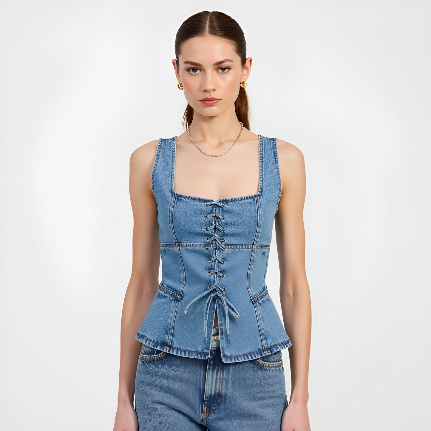 Denim Corset Tank Top with Lace-Up Front and Peplum Hem