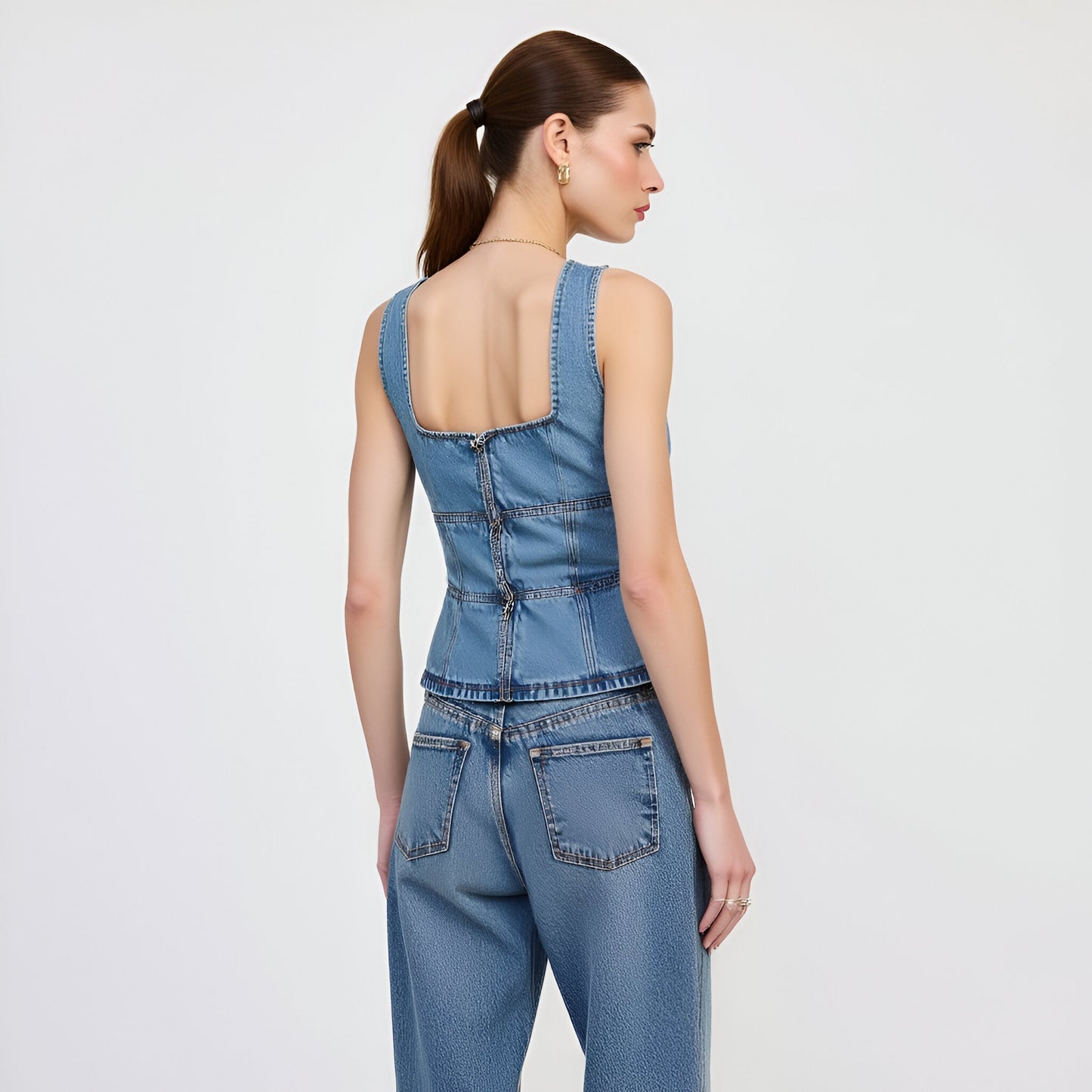 Denim Corset Tank Top with Lace-Up Front and Peplum Hem
