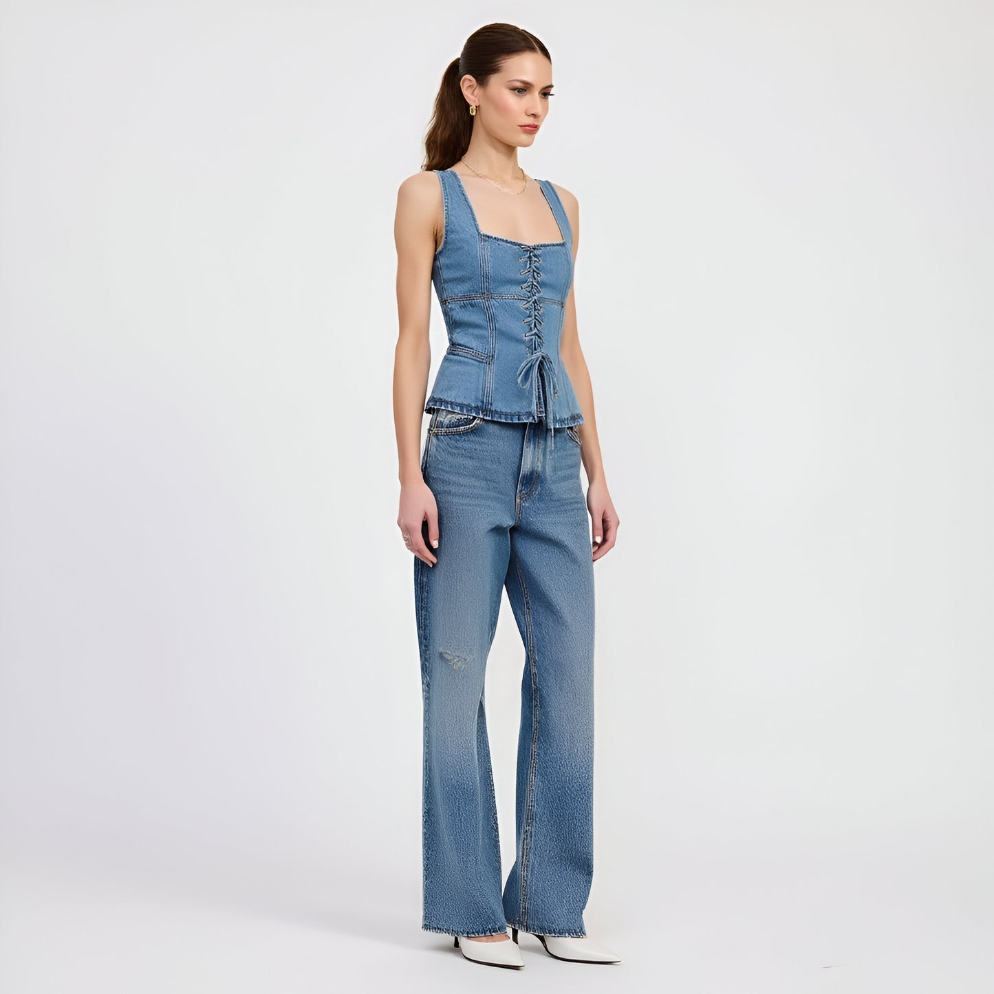 Denim Corset Tank Top with Lace-Up Front and Peplum Hem