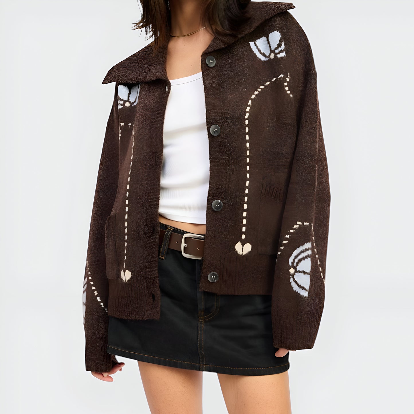 Button-Up Knit Cardigan with Abstract Floral Pattern