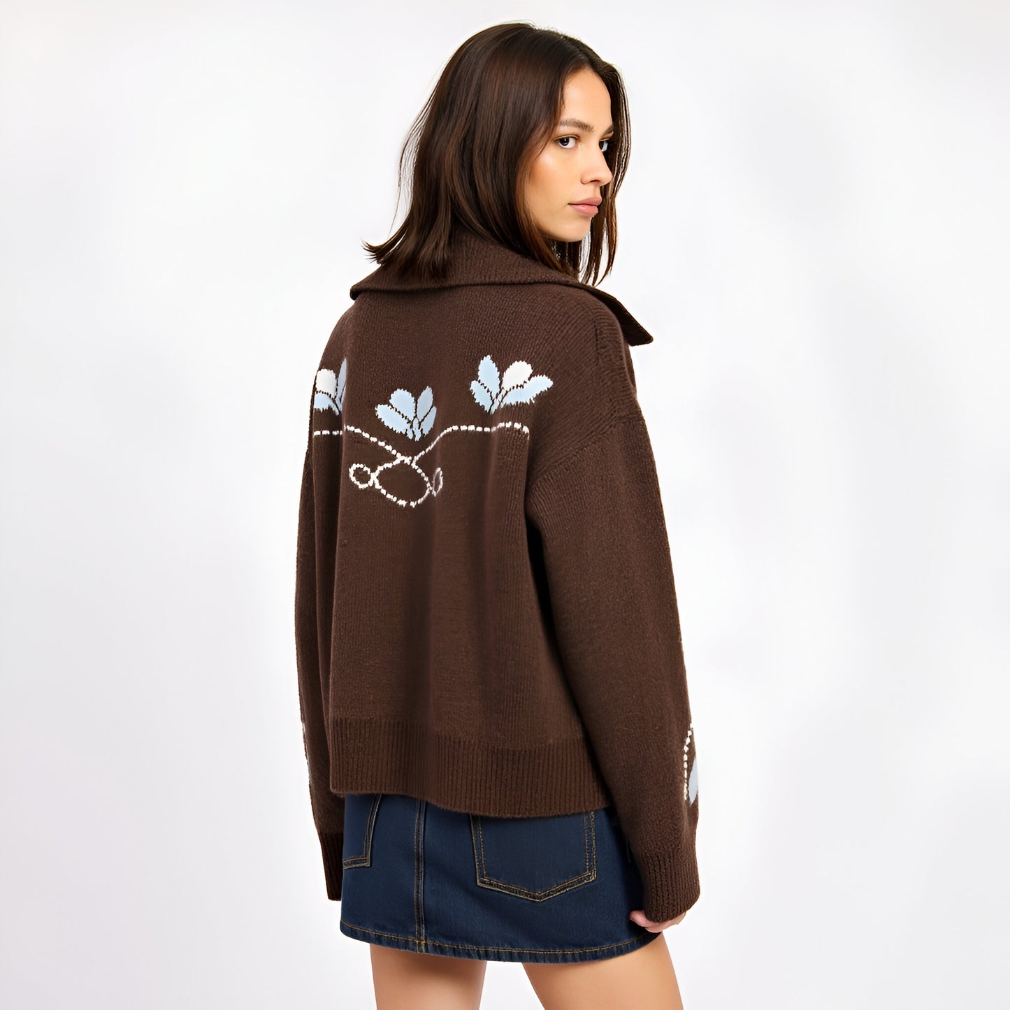 Button-Up Knit Cardigan with Abstract Floral Pattern