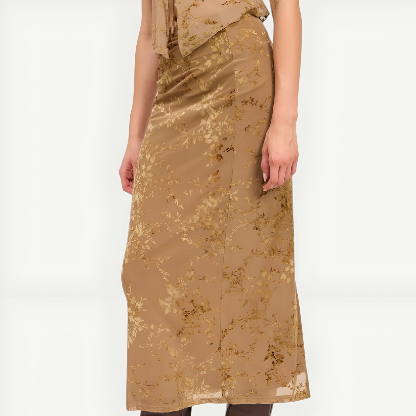 Floral Velvet Midi Skirt with Side Slit and Ruched Waist