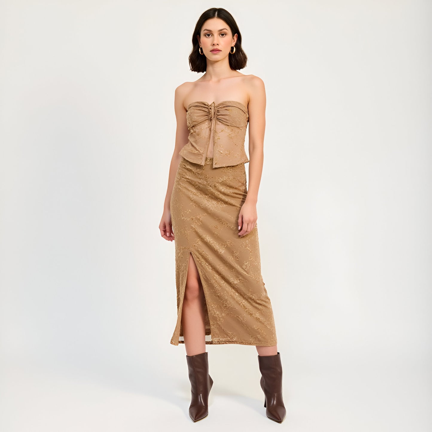 Floral Velvet Midi Skirt with Side Slit and Ruched Waist
