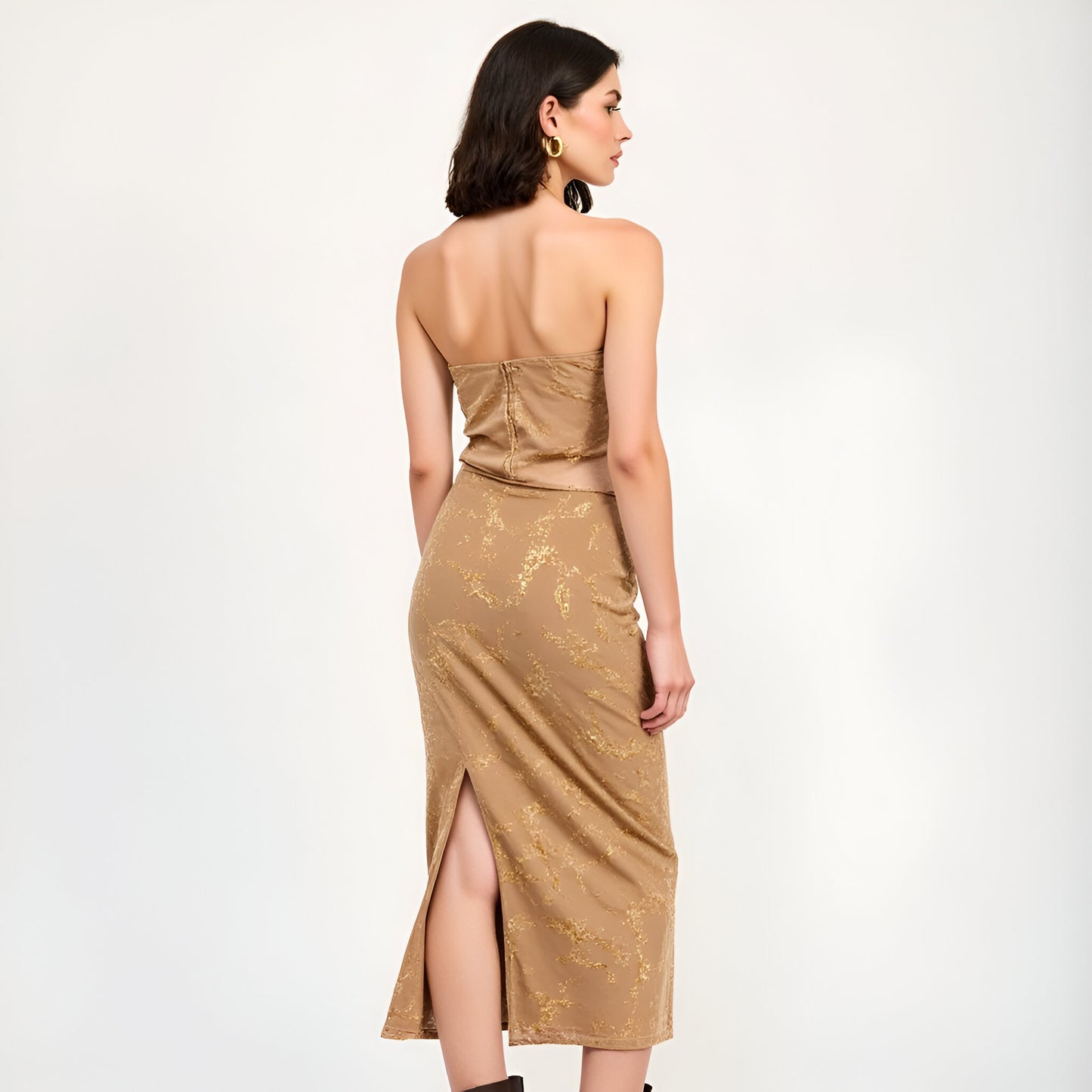 Floral Velvet Midi Skirt with Side Slit and Ruched Waist