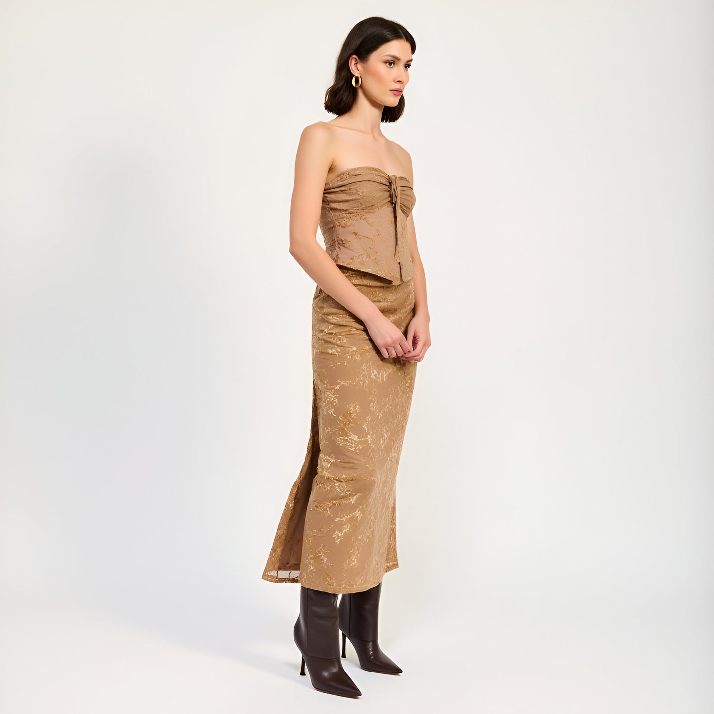 Floral Velvet Midi Skirt with Side Slit and Ruched Waist