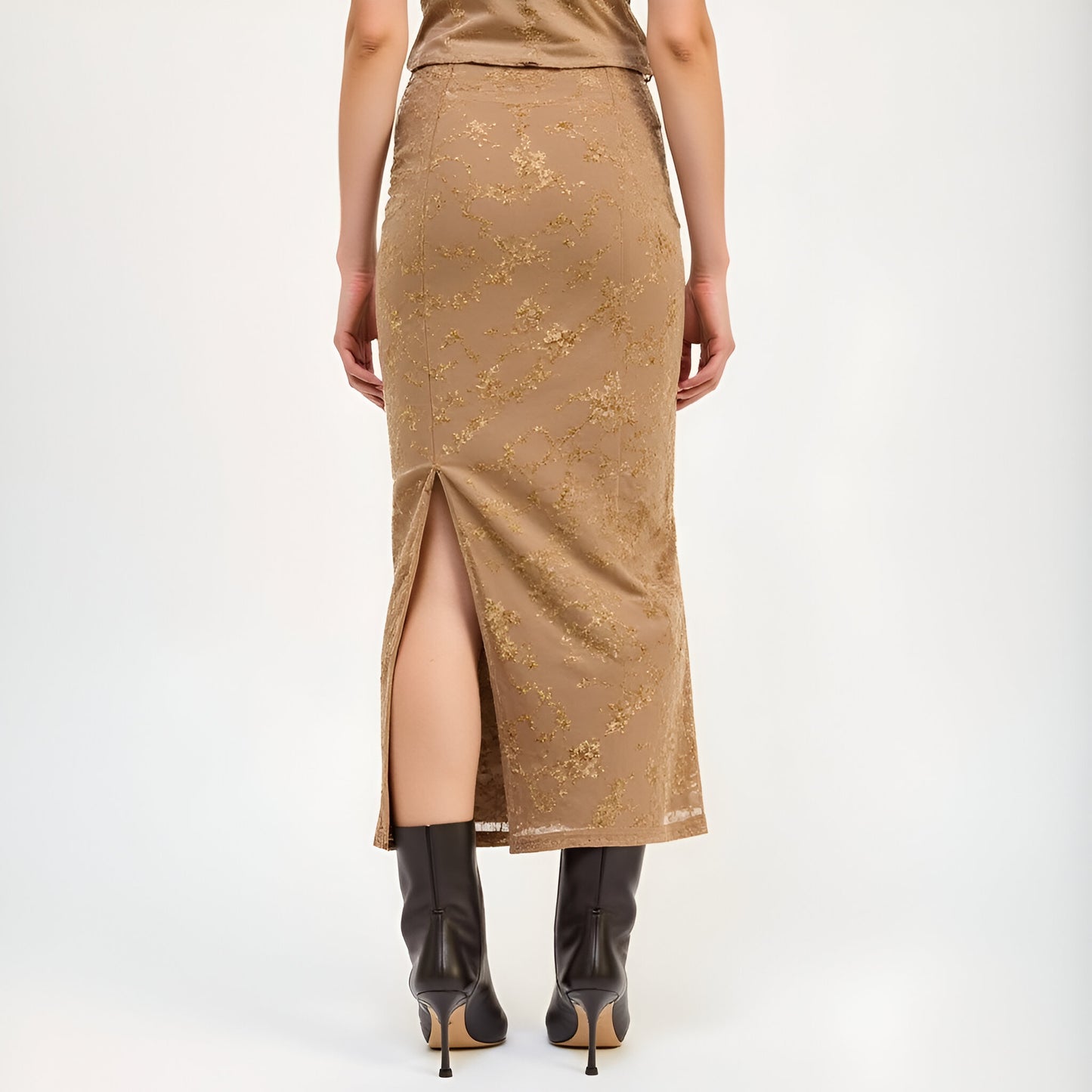 Floral Velvet Midi Skirt with Side Slit and Ruched Waist