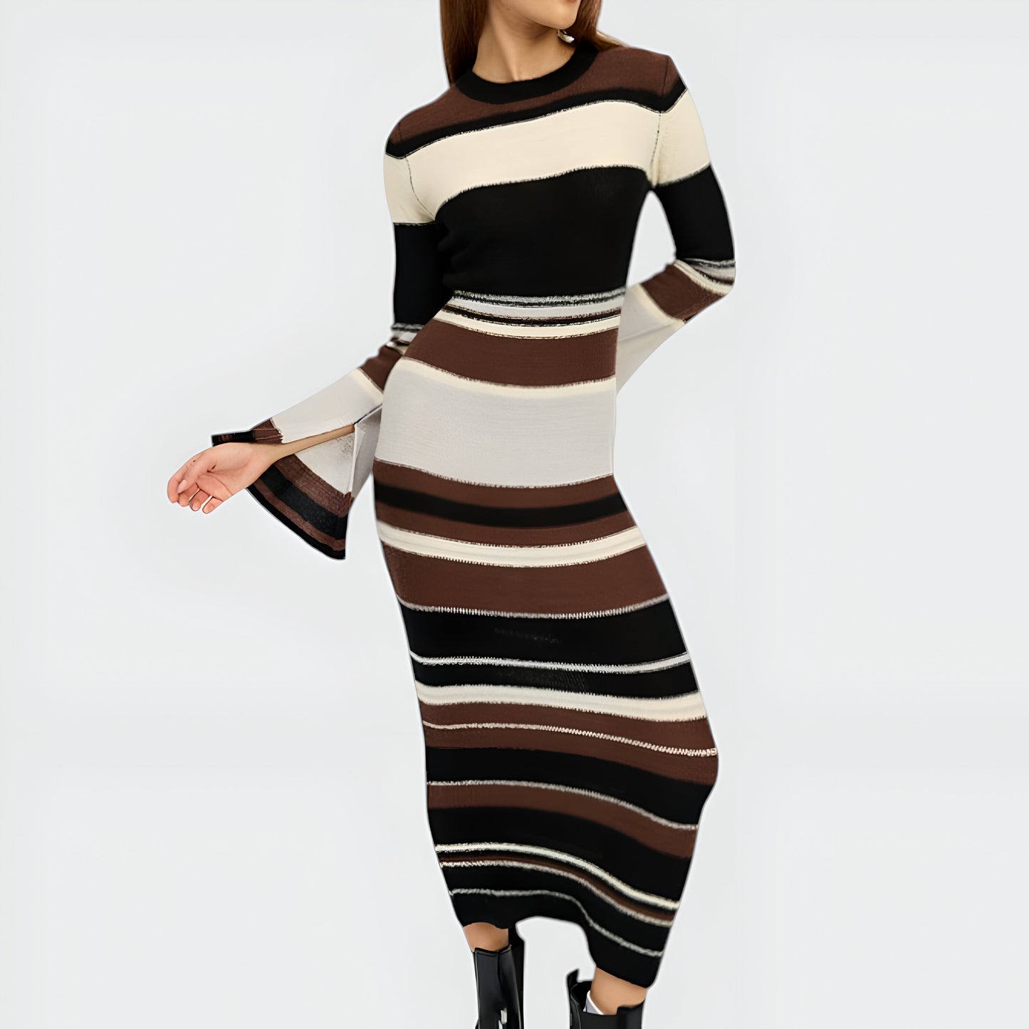 Striped Long Sleeve Knit Midi Dress with Flared Cuff Detail