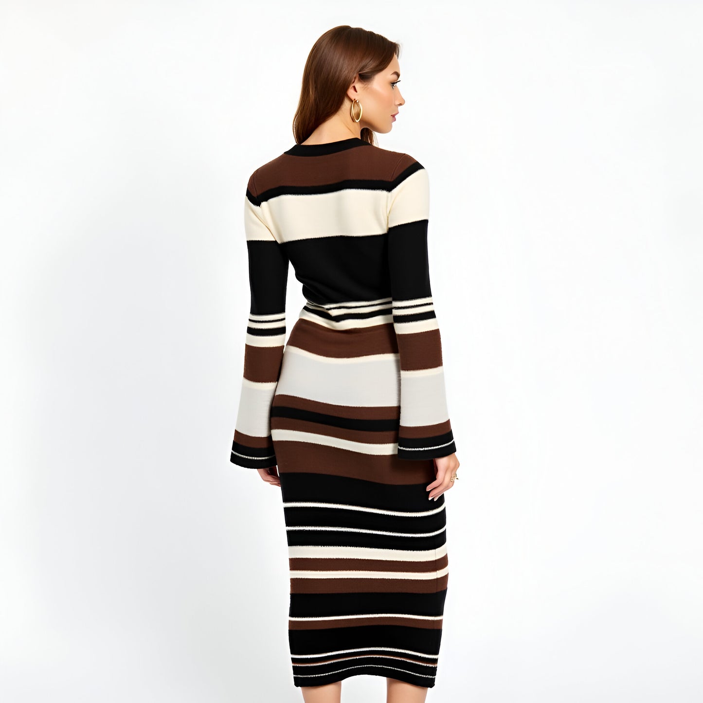 Striped Long Sleeve Knit Midi Dress with Flared Cuff Detail