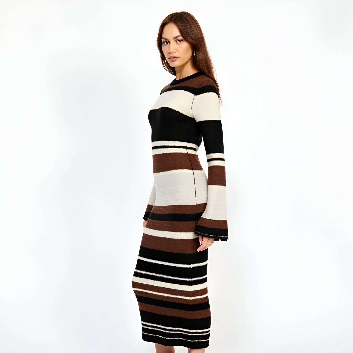 Striped Long Sleeve Knit Midi Dress with Flared Cuff Detail